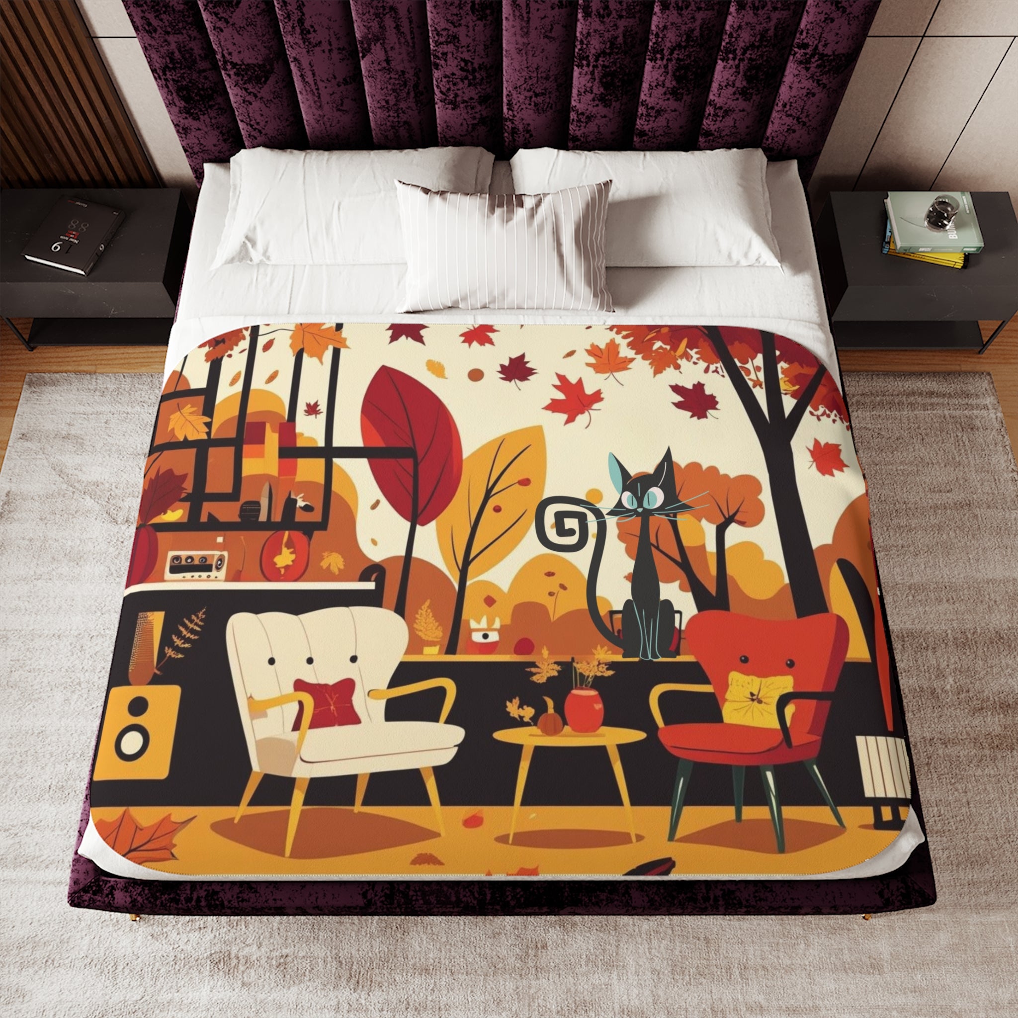 Scandinavian Fall Halloween Atomic Cat Cozy Seasonal Sherpa Blanket - Mid Century Modern Gal