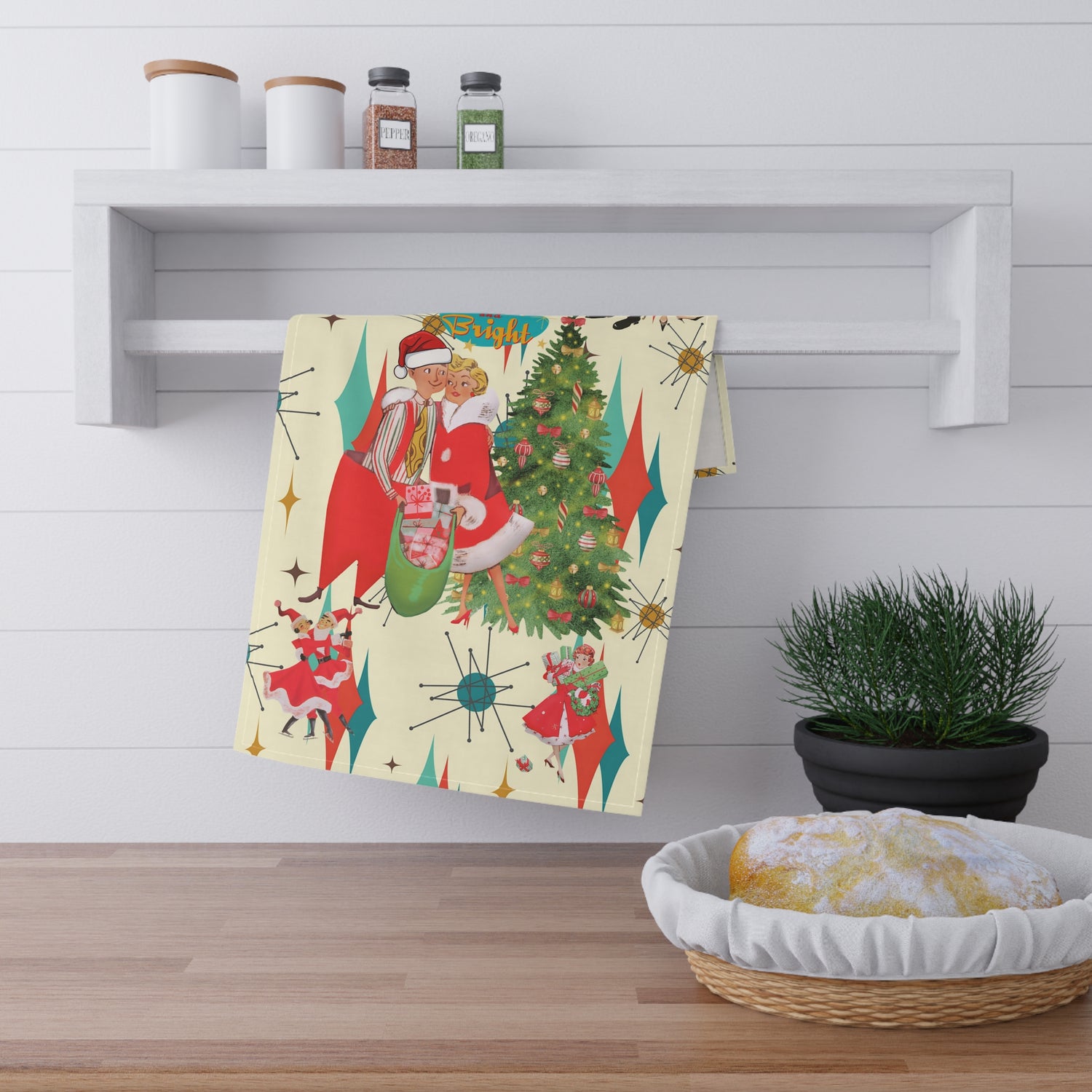 Vintage Christmas Tea Towels - Festive Holiday Decor with Retro Vintage Couples and Joyful Scenes - Mid Century Modern Gal