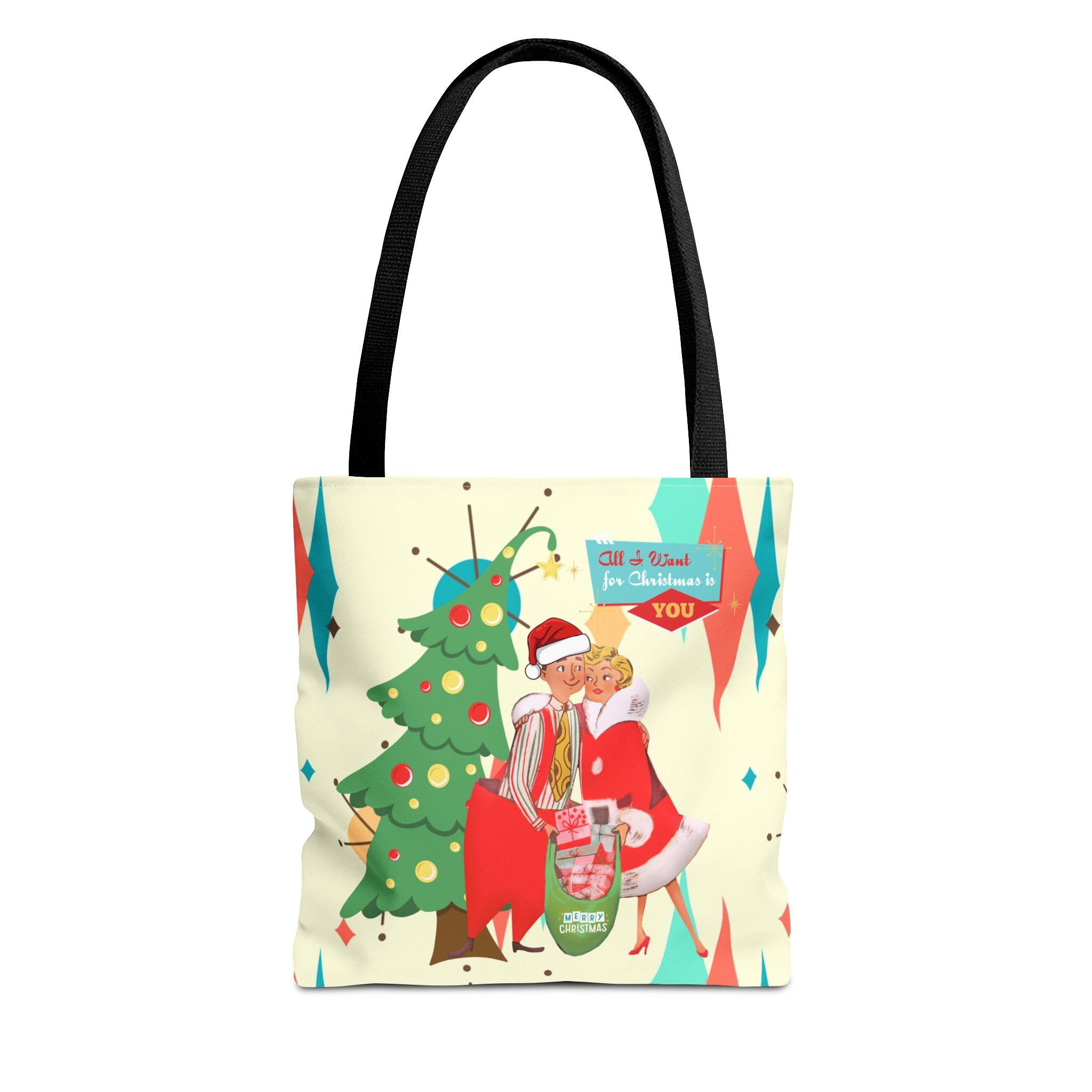 Christmas Couples Tote Bag, Cute Holiday Gift, Fun Shopping Bag, Joyful Christmas Decor, Merry Tote for Party Use - Mid Century Modern Gal