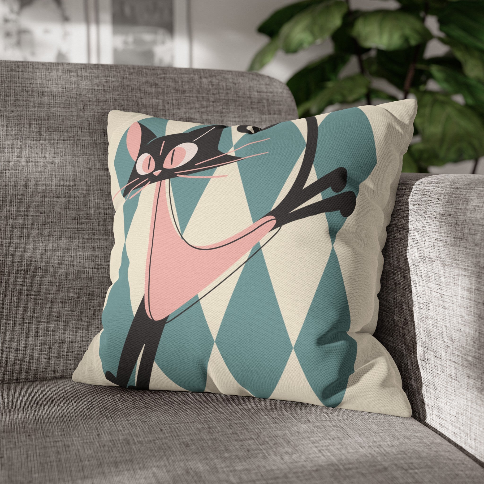 Atomic Kittie, Boomerang Mid Mod Atomic Cat, Harlequin Diamond Kitschy Pillow Cover - Mid Century Modern Gal