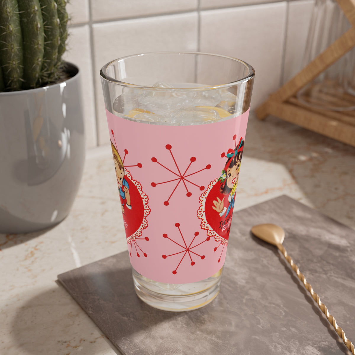 Vintage Valentine Mixing Glass - 16oz Cocktail Glass with Heart Design - Mid Century Modern Gal