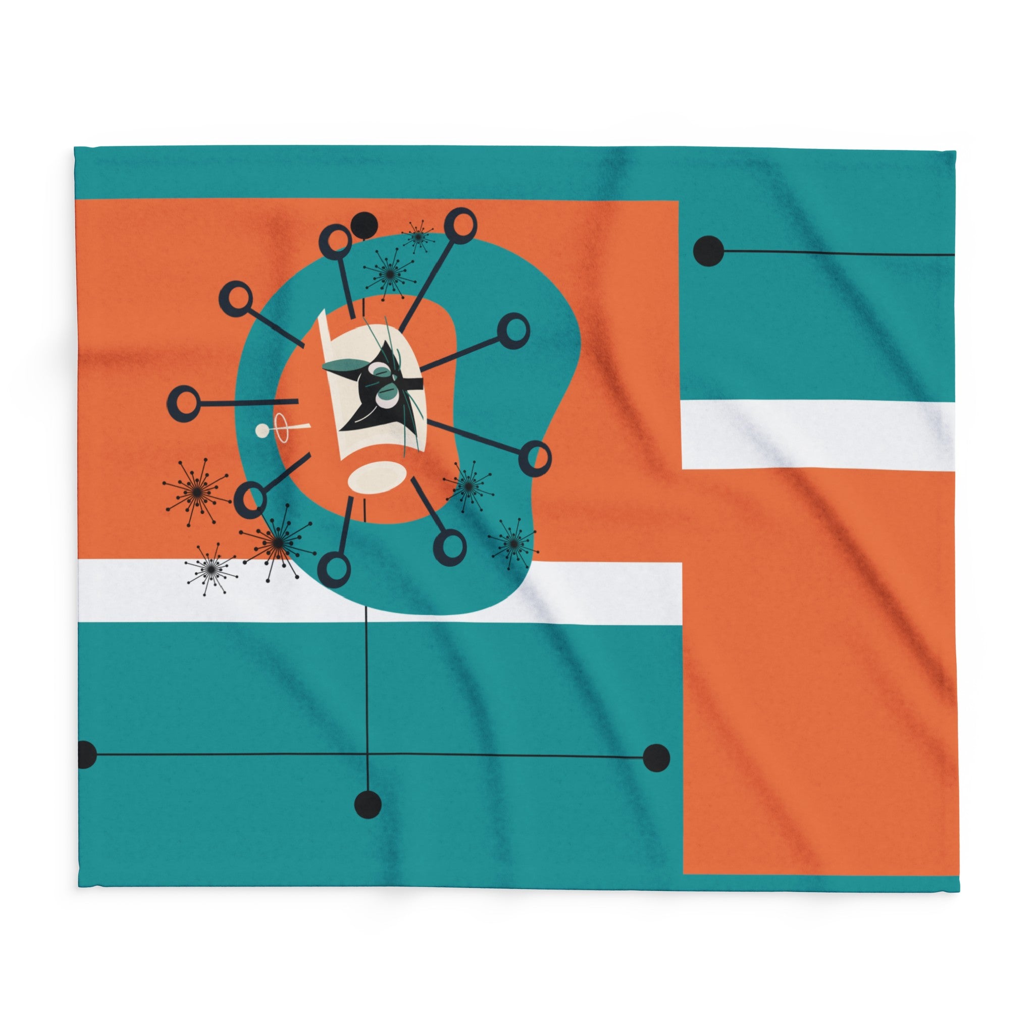 Mid Century Modern Orange Teal Atomic Space Kittie, MCM Lightweight Fleece Blanket - Mid Century Modern Gal