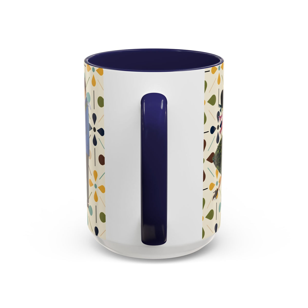 Mid Century Modern 50s Christmas mug featuring colorful Scandi flower patterns and a navy blue handle.