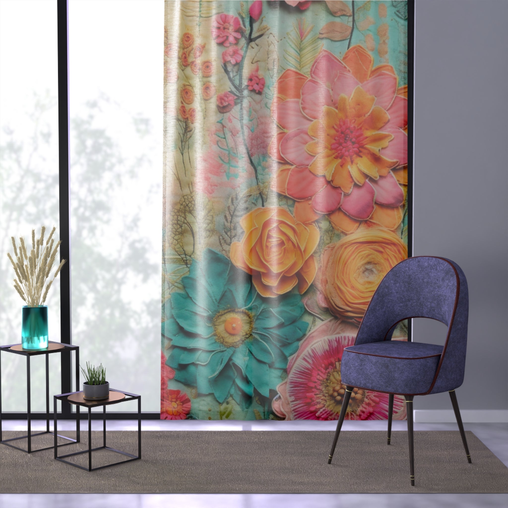 Bohemian Curtain, Soft Flowy Pressed Flower, Retro Vibe, Boho Sheer Window Curtain - Mid Century Modern Gal