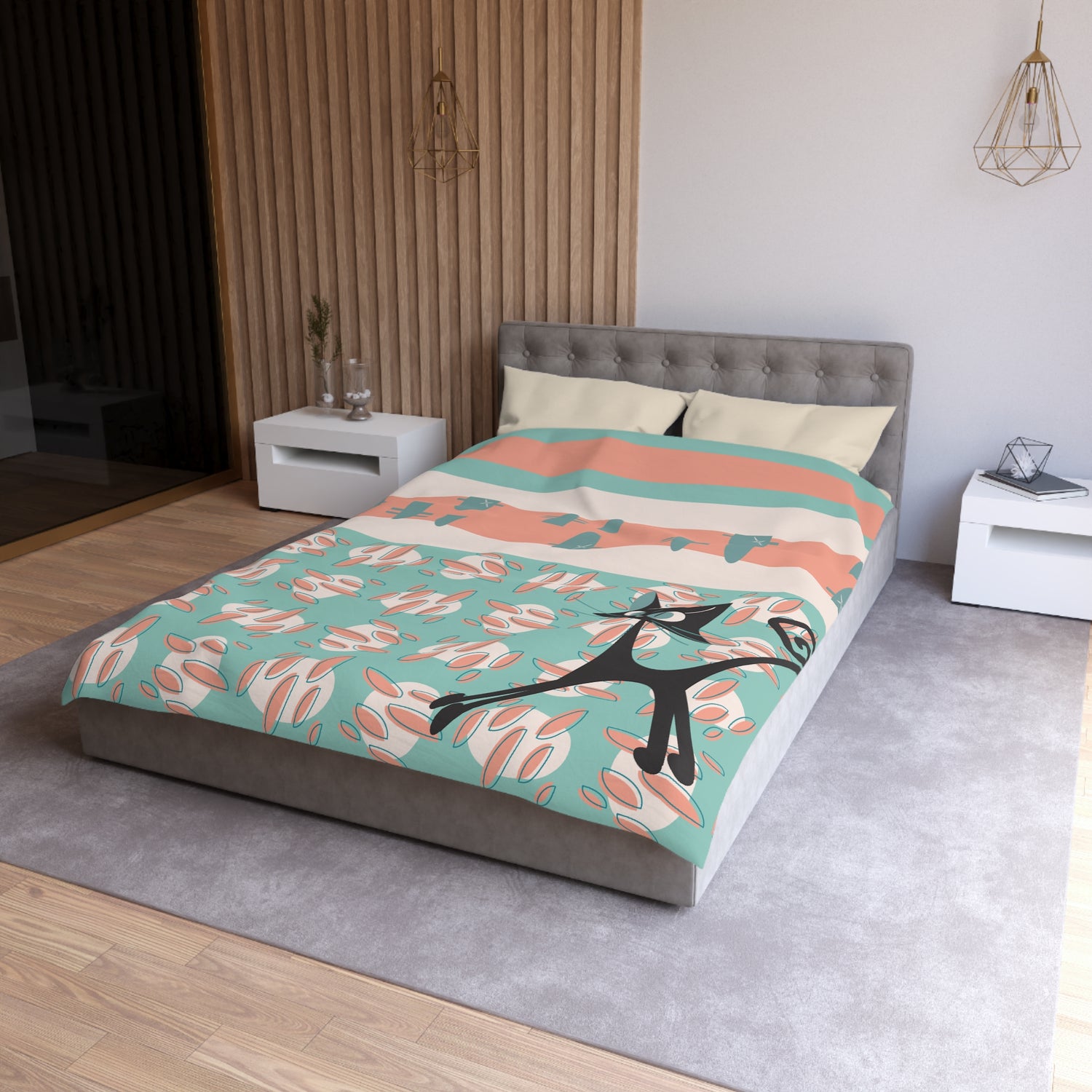 50s Nostalgic Atomic Cat Mid Century Modern Aqua, Coral Pink Peach, Kitschy Mid Century Modern  Duvet Cover - Mid Century Modern Gal
