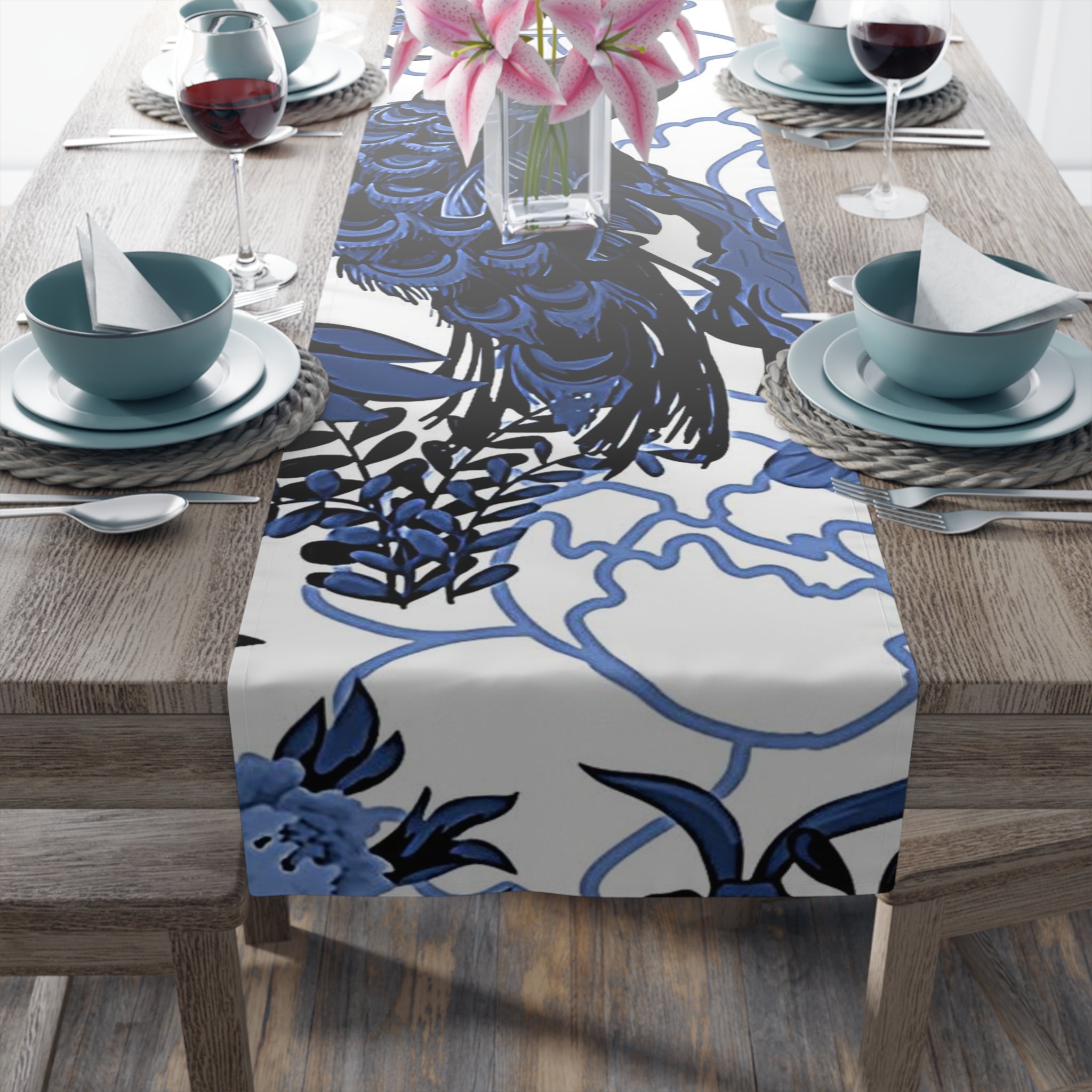 Chinoiserie Table Runner, Blue, White Willow, Peacock, Floral Flourishes, Chinoiserie Collector, Table Setting - Mid Century Modern Gal