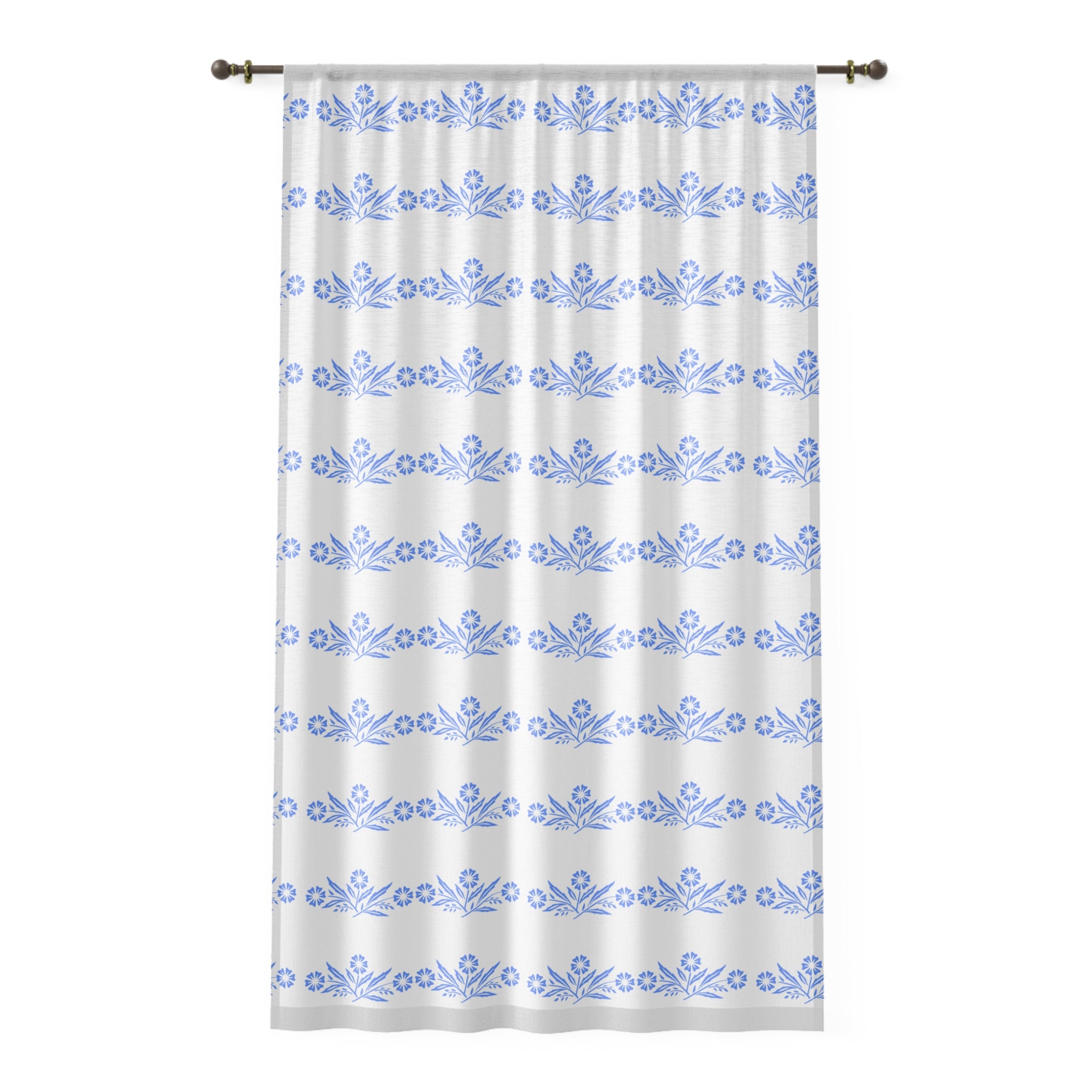 Cornflower Blue And White Kitschy Cheery Sheer Window Curtain - Mid Century Modern Gal