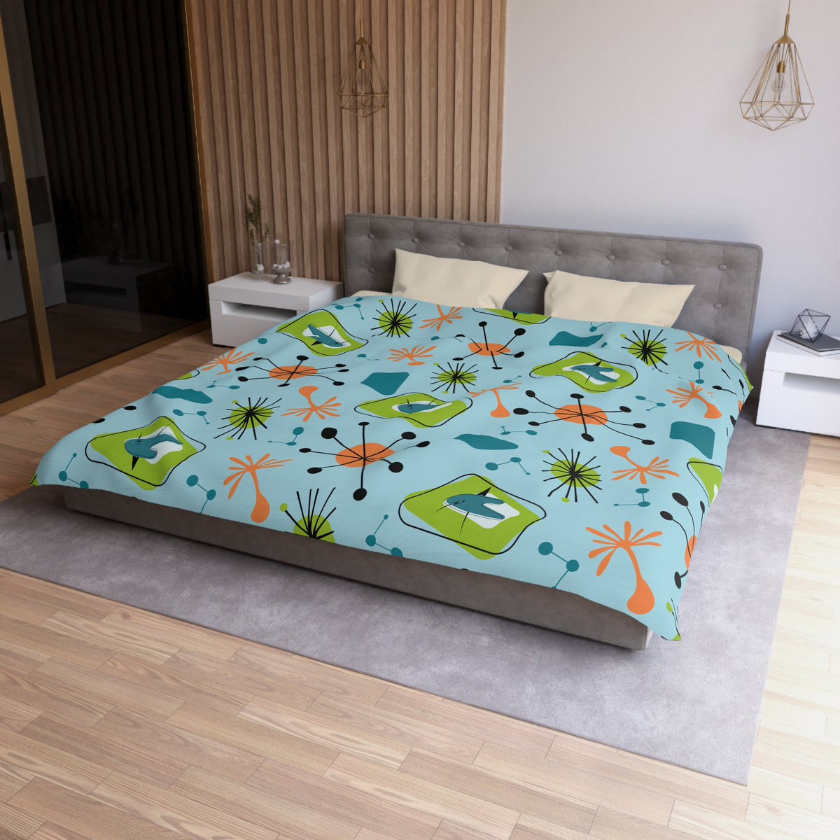 Mid Century Modern Duvet Cover, Atomic Starbursts Boomerangs, Orange, Blue, Green Duvet Cover - Mid Century Modern Gal
