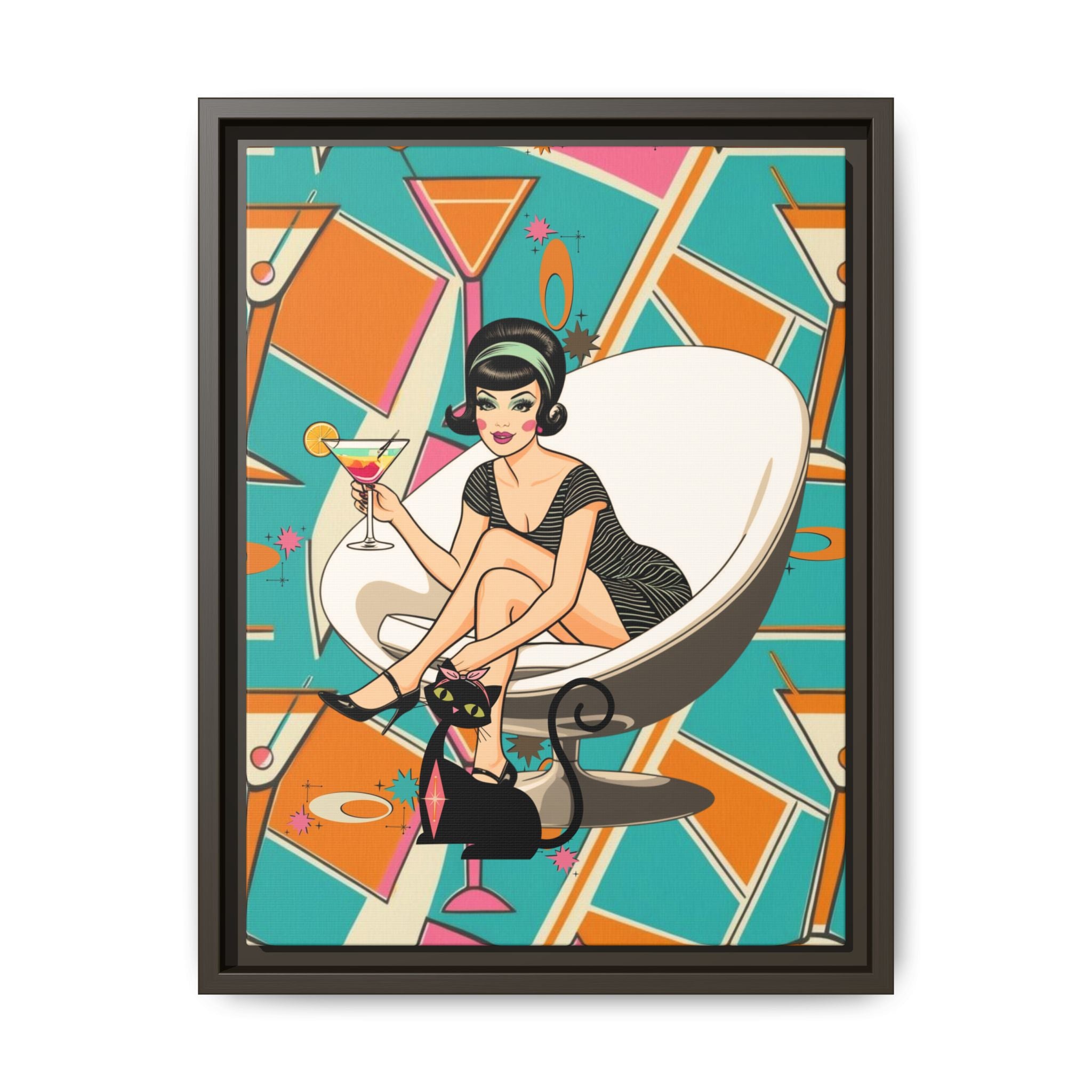 Mid Mod 60s Gal, Atomic Cat Barware Wall Art - Framed Matte Canvas with Vintage Cocktail And Retro Cat Design - Mid Century Modern Gal