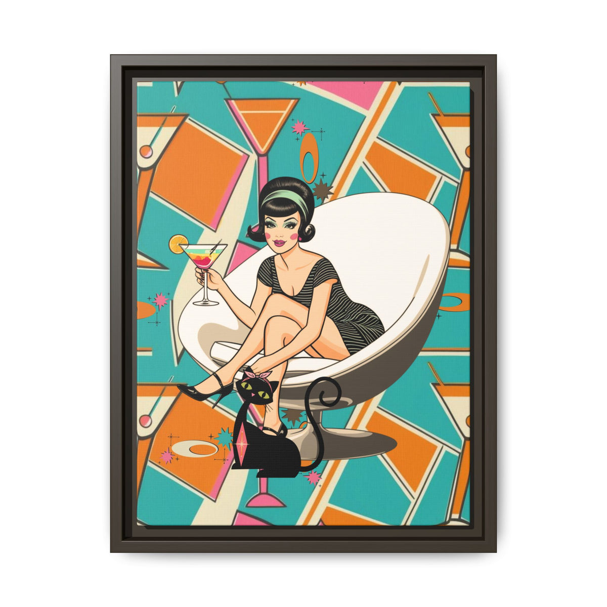 Mid Mod 60s Gal, Atomic Cat Barware Wall Art - Framed Matte Canvas with Vintage Cocktail And Retro Cat Design - Mid Century Modern Gal