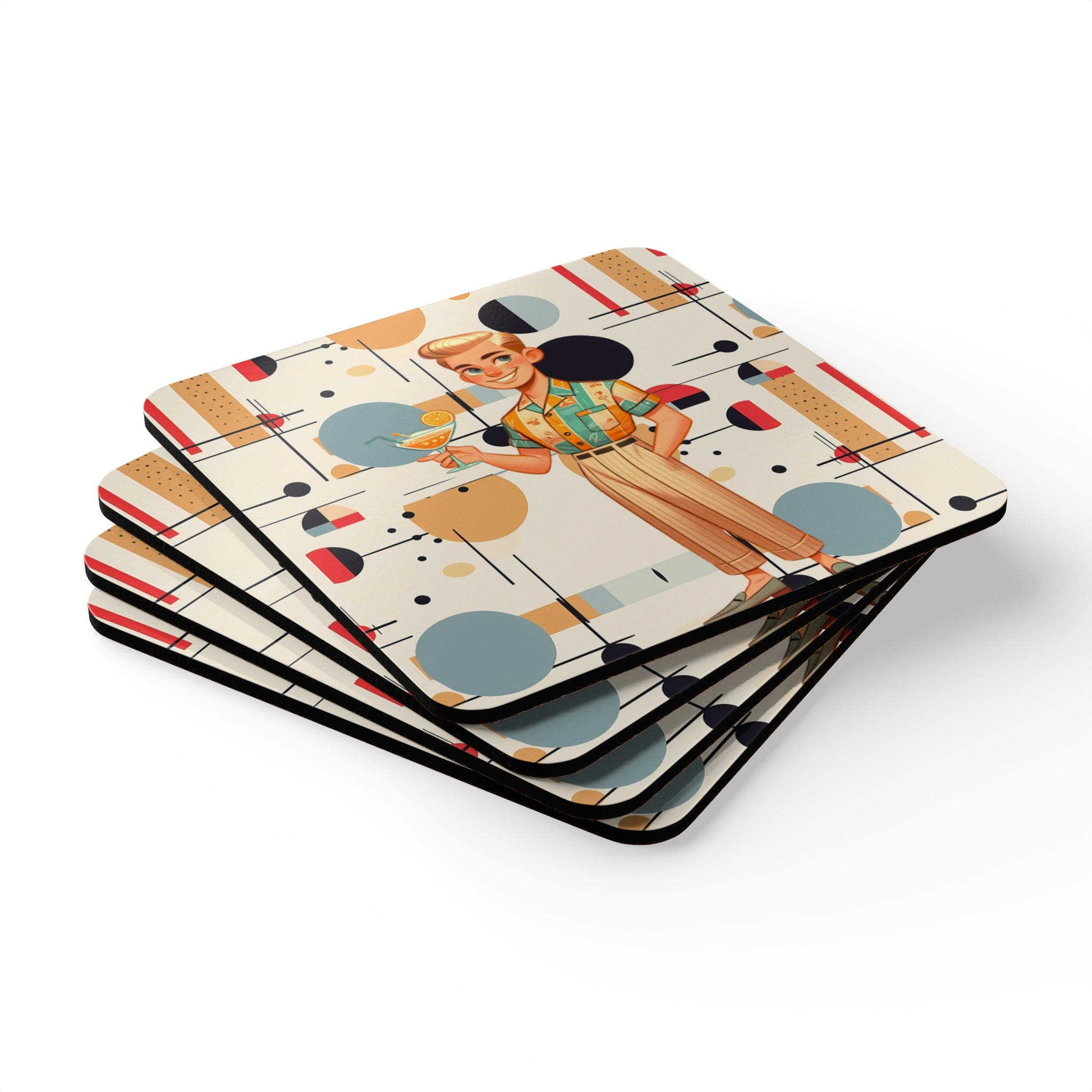 Mid Century Modern Dude, Bauhaus Designed Mod Corkwood Coaster Set - Mid Century Modern Gal