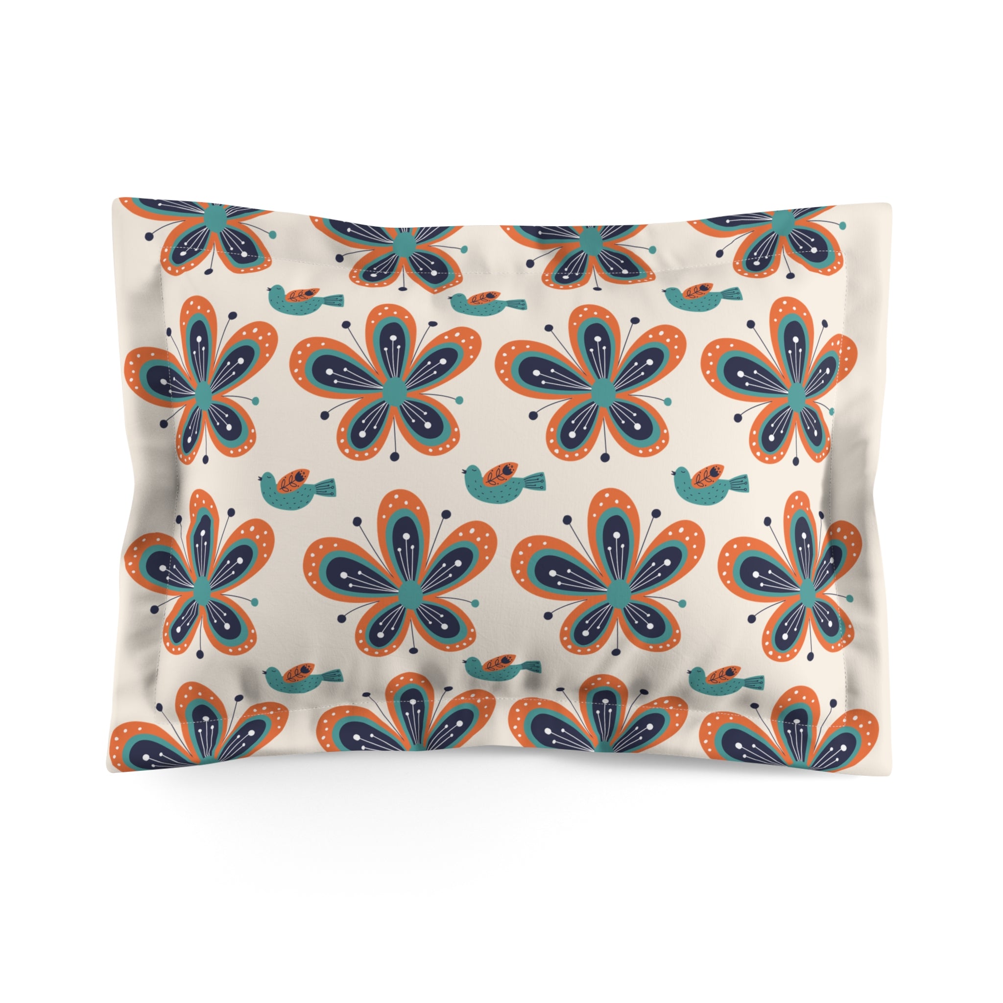 Mid Mod Scandinavian Flower, Birds Vintage Floral Pillow Sham - Cozy Home Decor for Relaxation - Mid Century Modern Gal