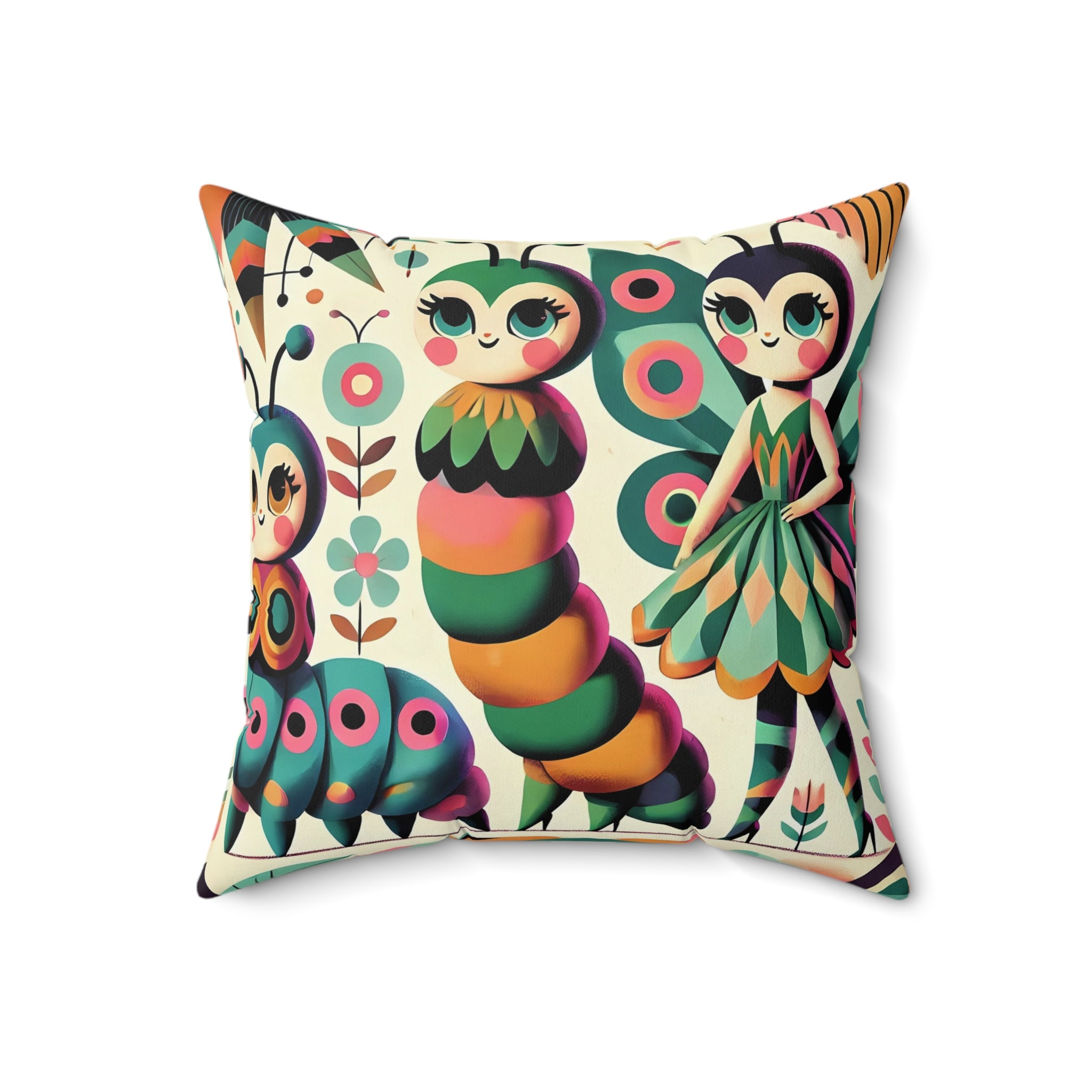 Anthropomorphic Catepillar Pixie Whimsical Butterfly Garden Pillow 60s Vibe - Mid Century Modern Gal
