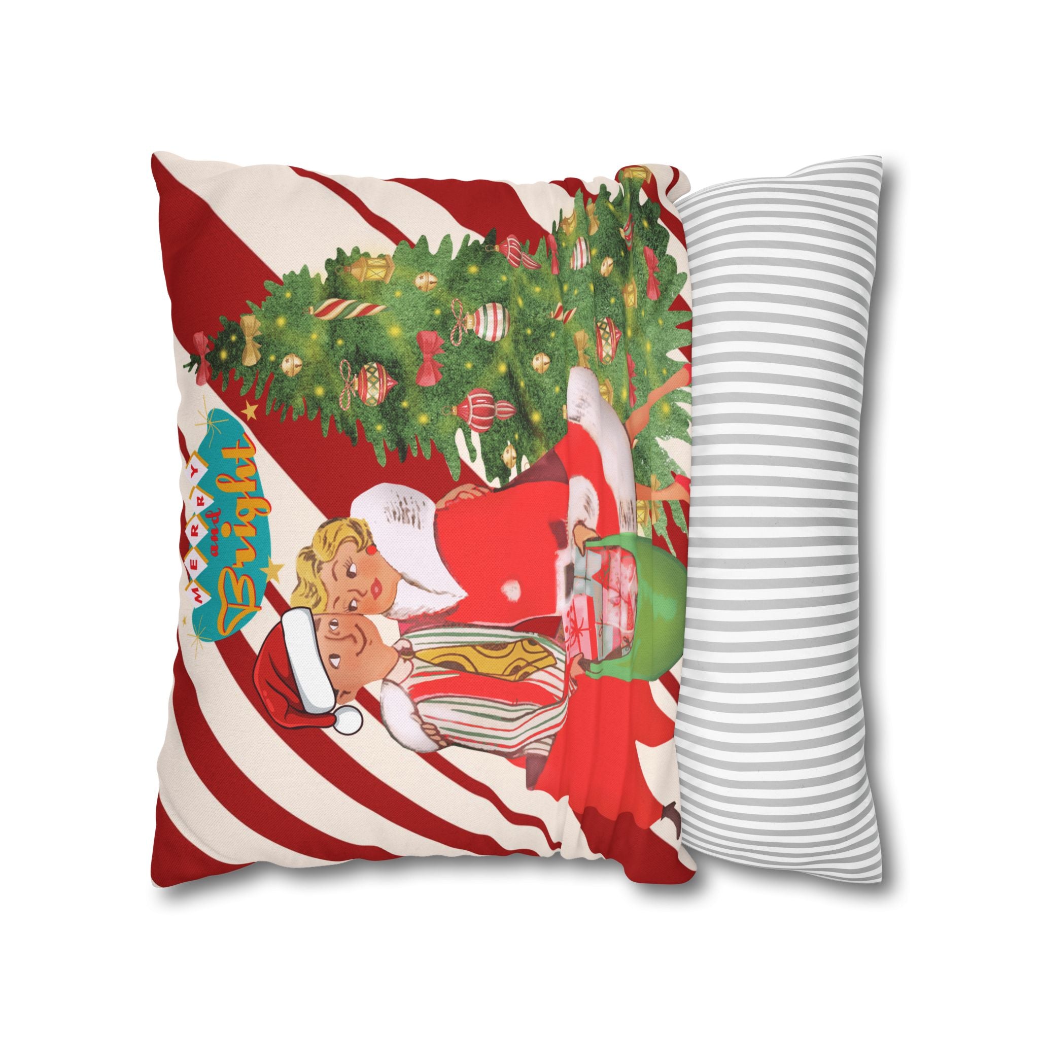 Retro Vintage Christmas Pillow Cover, Red And White Candy Cane Striped, Mid Century Modern Christmas Card Kitschy Holiday Throw - Mid Century Modern Gal