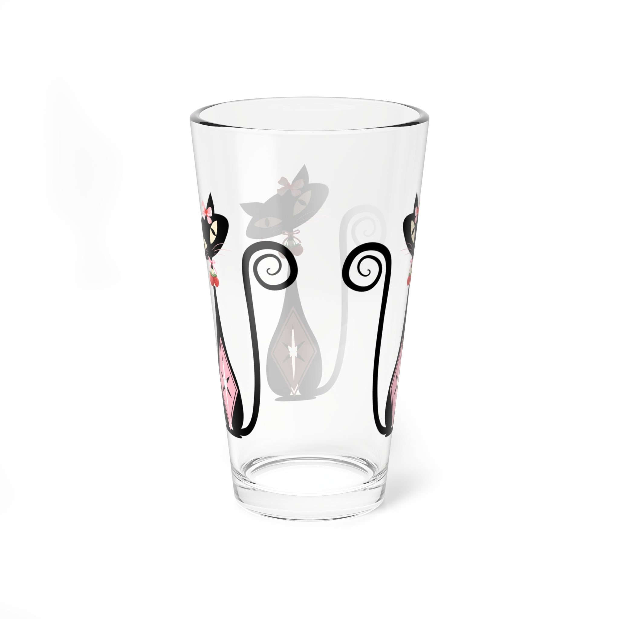 Atomic Cat, Strawberry Love Whimsical Cat Mixing Glass - Perfect for Cat Lovers & Entertaining - Mid Century Modern Gal