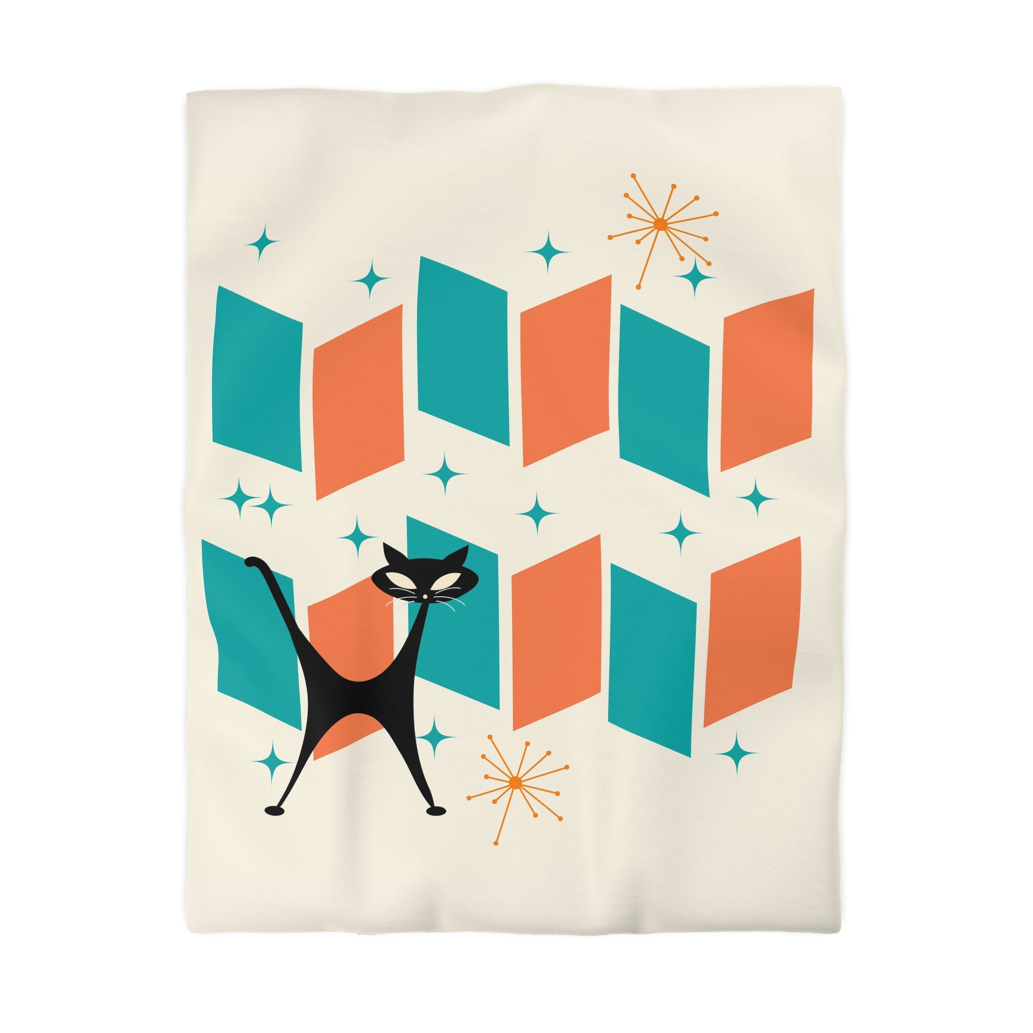 Mid Century Modern Orange, Teal, Retro Mod Duvet Cover With Atomic Cat Design - Mid Century Modern Gal