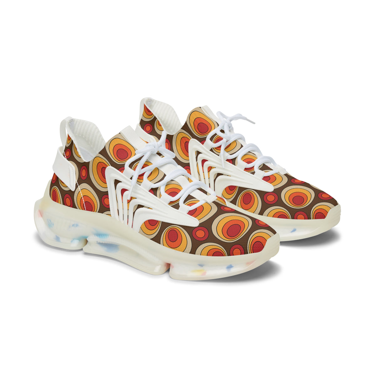 Retro Groovy Orbs, Brown, Orange Yellow Hip Style Women's Mesh Sneakers with Colorful Design - Mid Century Modern Gal
