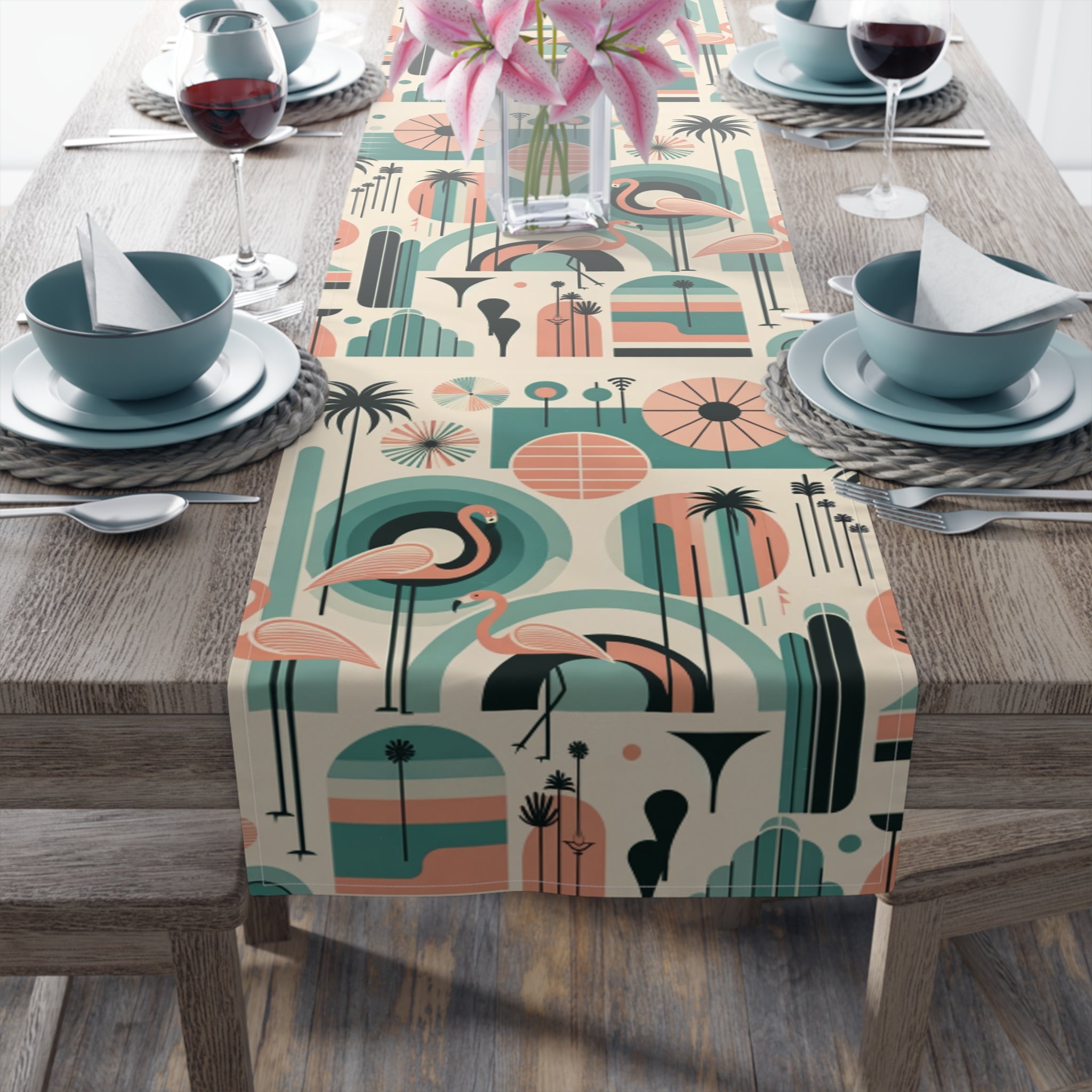 Palm Springs California Flamingo Mid Century Modern Pink, Aqua, MCM Table Runner - Mid Century Modern Gal