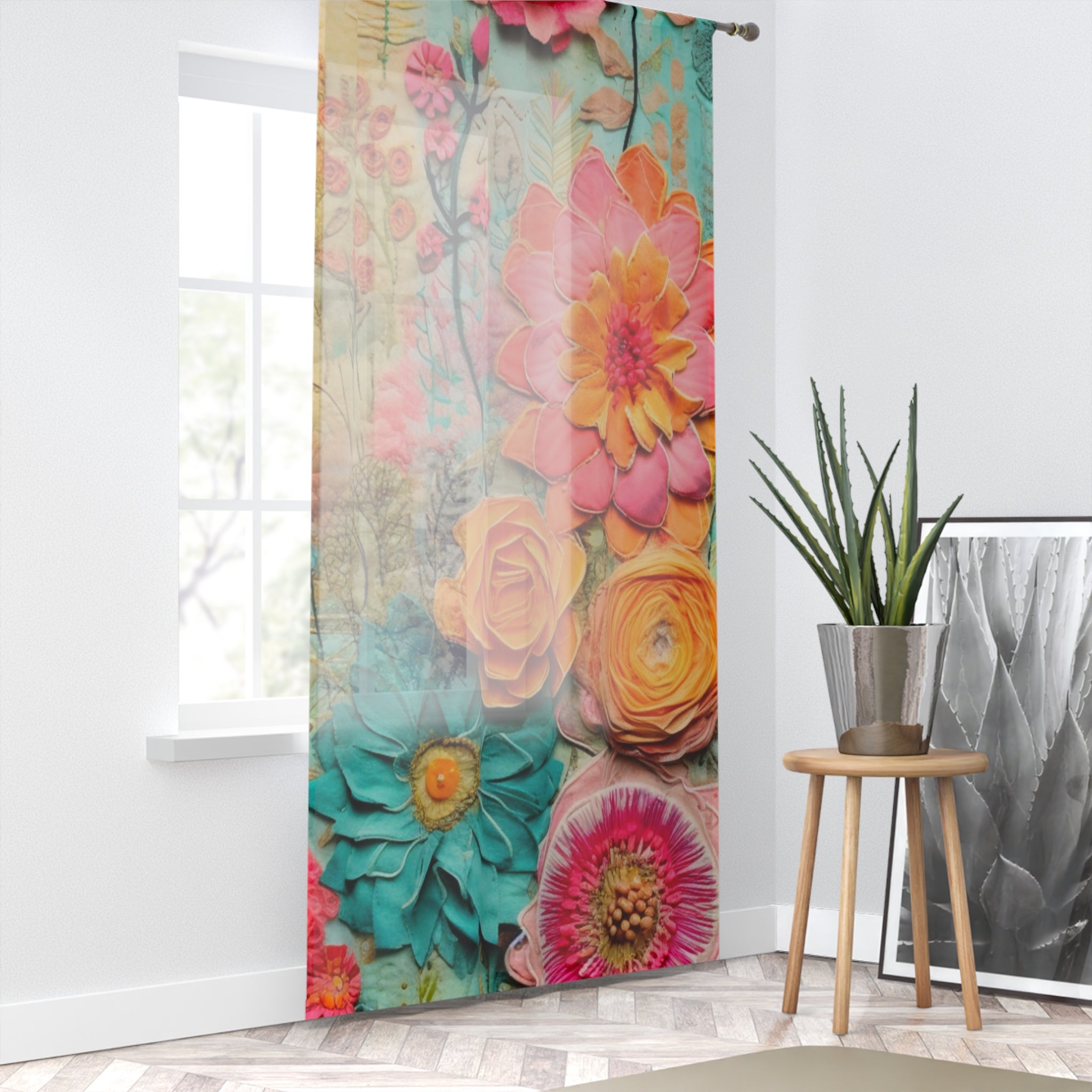 Bohemian Curtain, Soft Flowy Pressed Flower, Retro Vibe, Boho Sheer Window Curtain - Mid Century Modern Gal