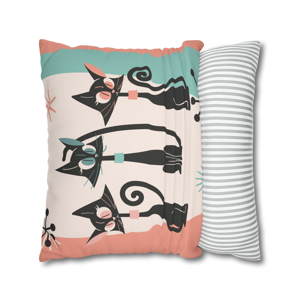 Atomic Cat Pillow, Kitschy 50s Mid Century Modern Style, Coral, Aqua, Creamy Beige, Retro MCM Atomic Home Living Pillow COVER - Mid Century Modern Gal
