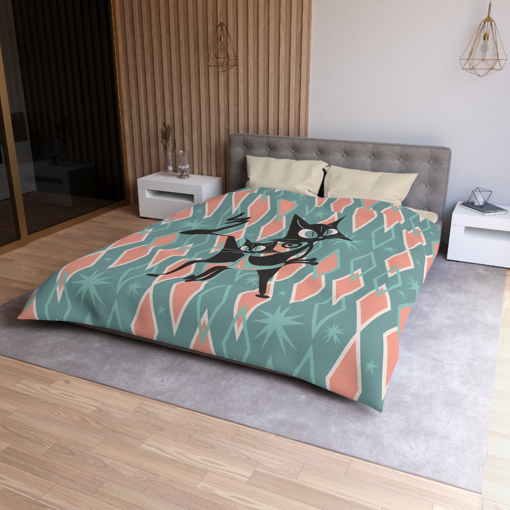 Atomic Cats Bedding, Pink, Aqua Harlequin Diamonds, Mid Century Moden Duvet Cover - Mid Century Modern Gal