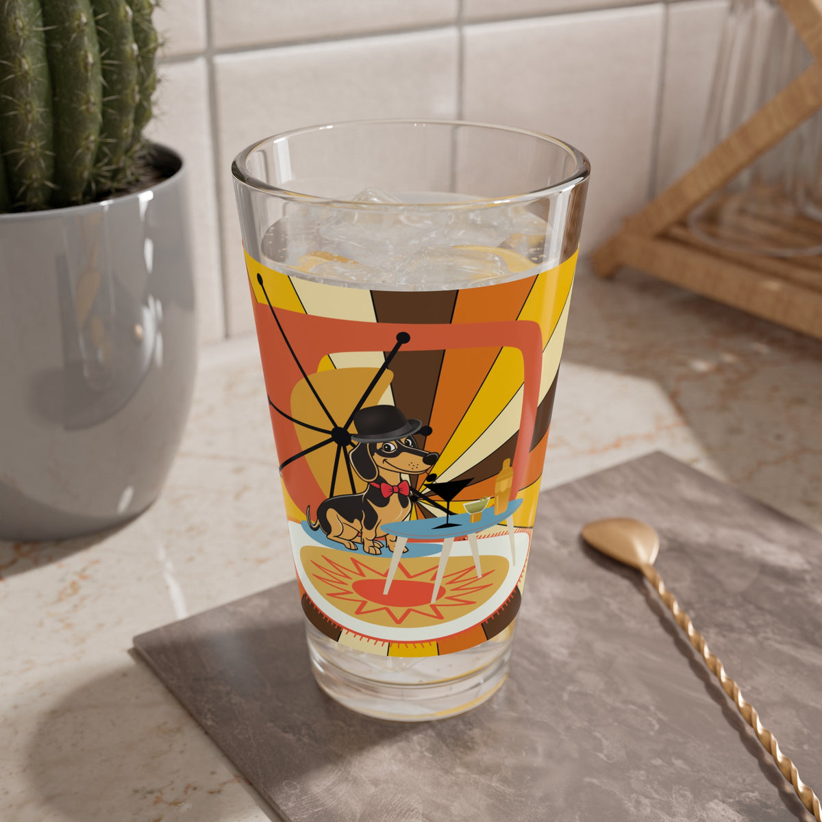 Retro Doxie Weiner Dog, Dachshund Groovy Mod Vintage Cocktail Mixing Glass with Playful Dog Design - 16oz - Mid Century Modern Gal