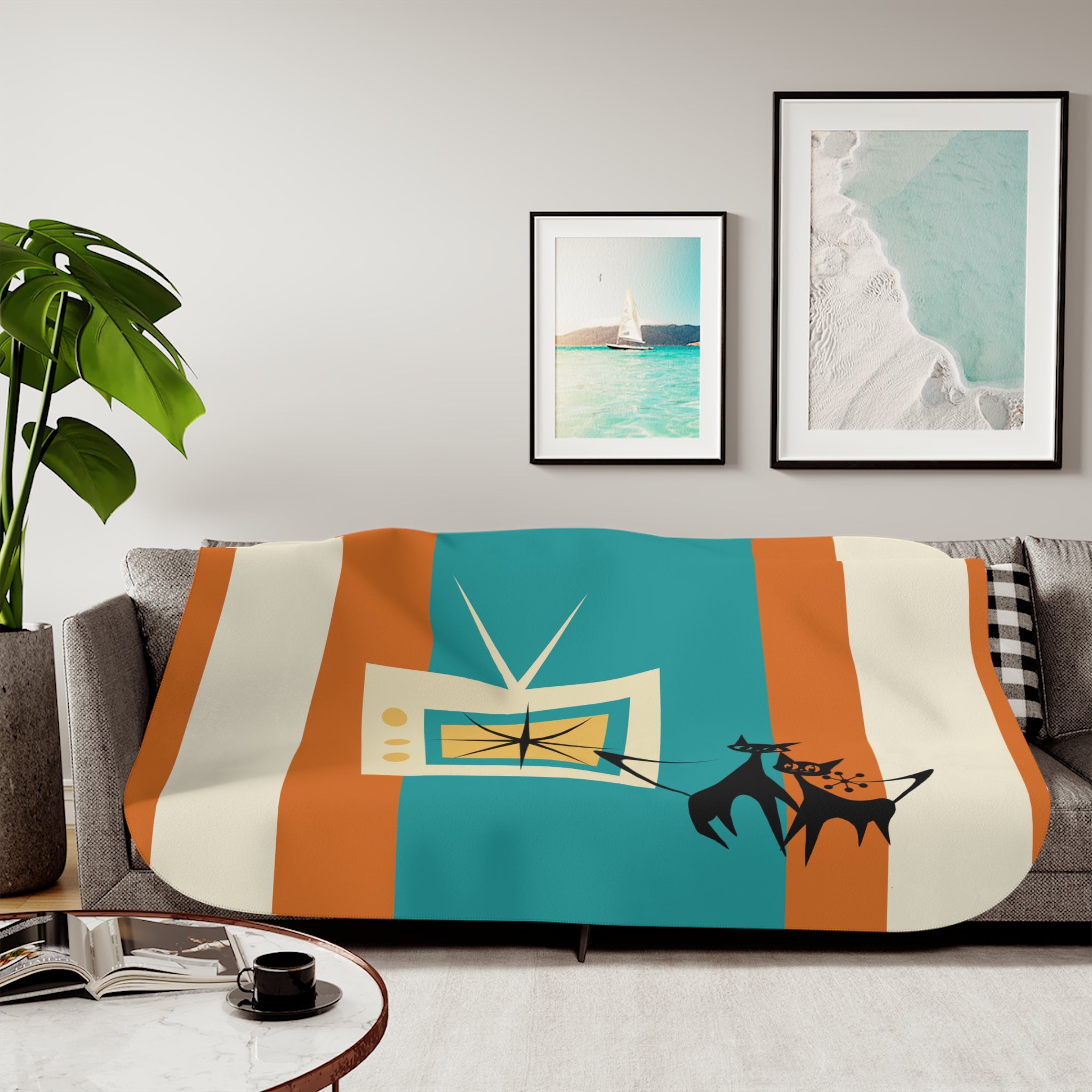 Atomic Kittie Cats, Mid Century Modern Teal, Orange Retro Cozy Cat-Themed Sherpa Blanket - Mid Century Modern Gal