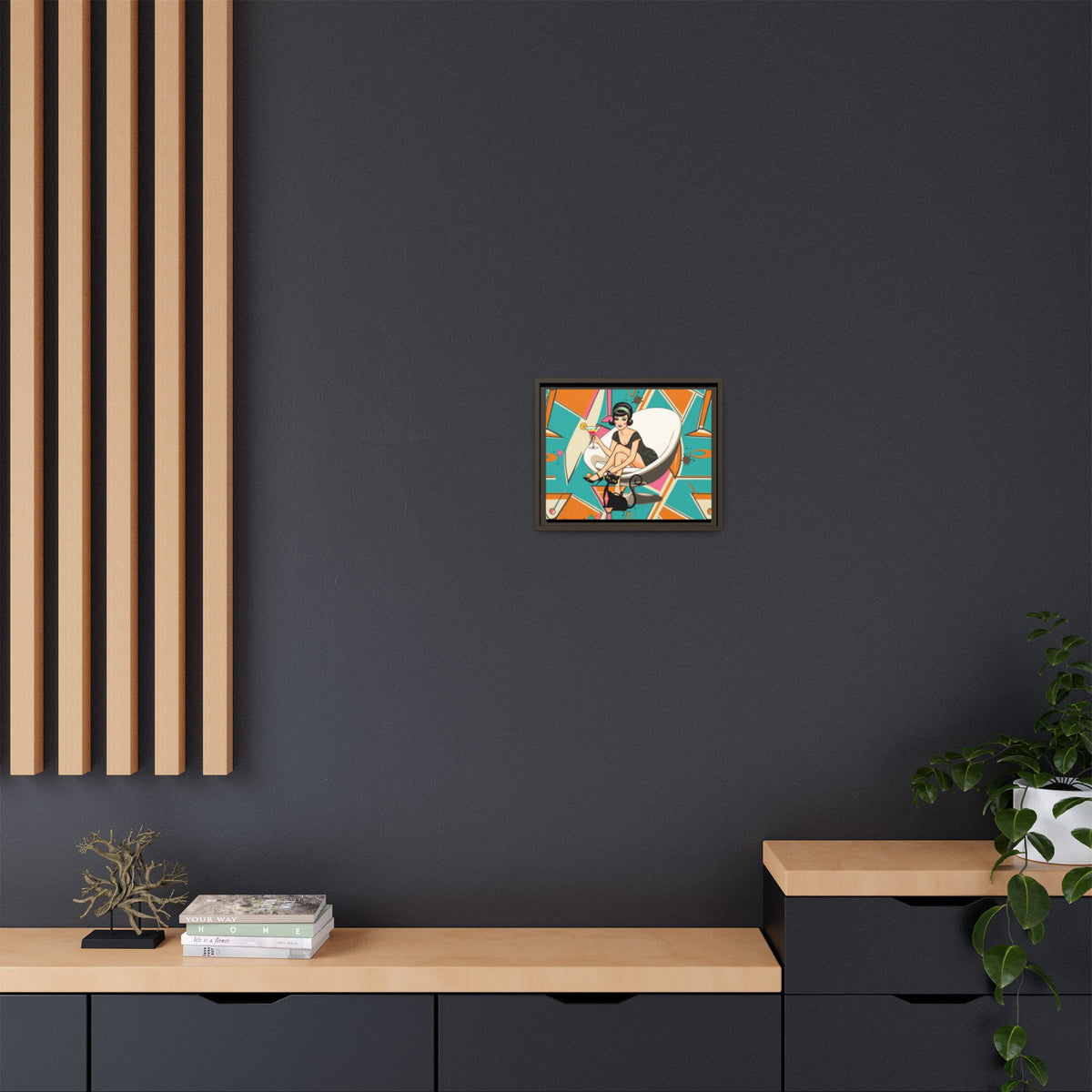 Framed matte canvas wall art featuring a vintage cocktail and retro cat design in vibrant colors, perfect for mid-century decor.