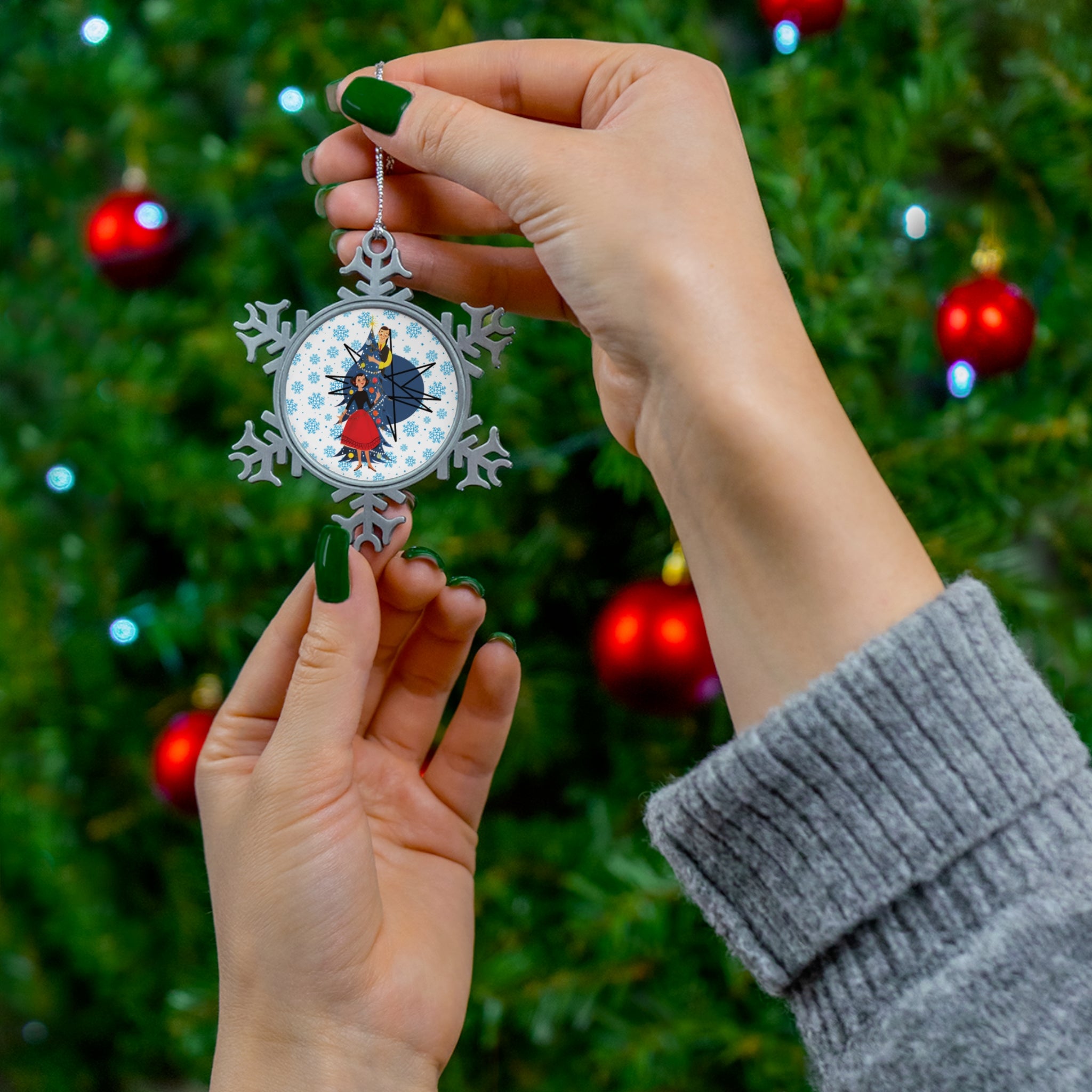 Kitschy Christmas Snowflake Ornament With Vintage Couple Pewter Snowflake Ornament - Mid Century Modern Gal
