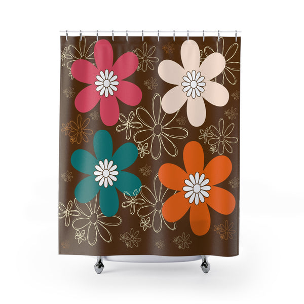 Retro Groovy Flower Power Orange Brown Teal, Bohemian Floral Shower Curtain - Vibrant Retro Bathroom Decor