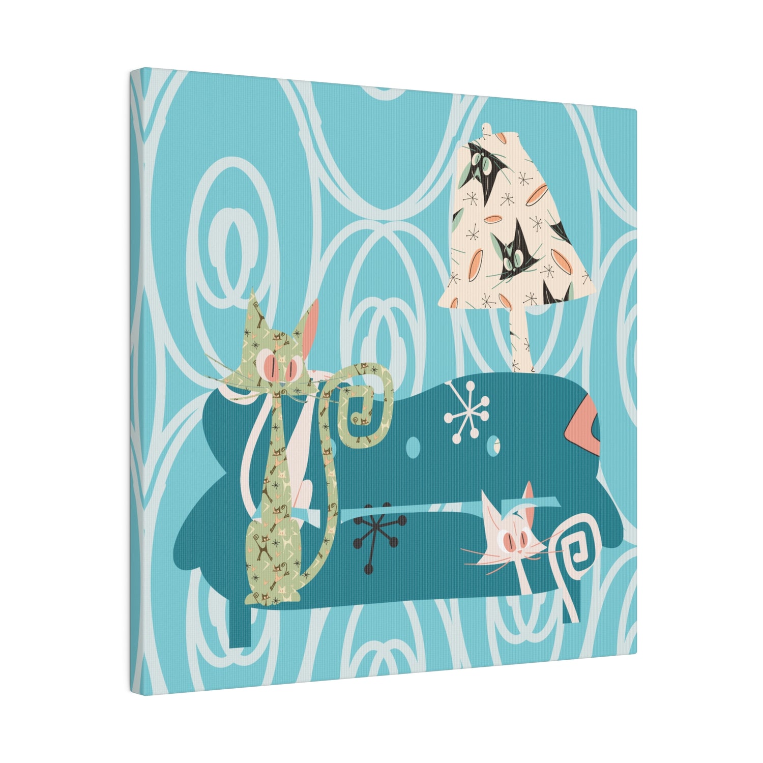 Atomic Cat Art, Quirky Kitschy Blue, Green,  Teal Mid Century Modern Wall Art - Mid Century Modern Gal