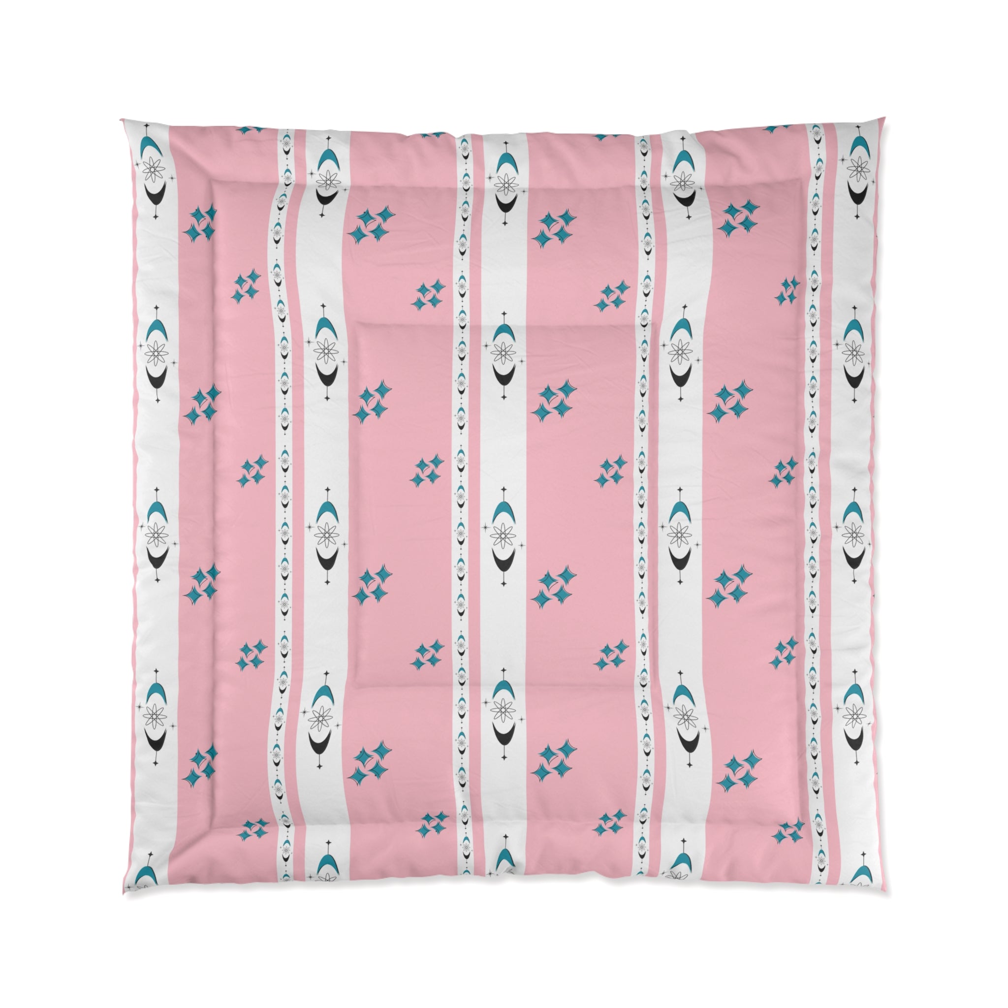 Atomic 50s Pink, Starbursts, Mid ModChic Comforter with Pink and Teal Pattern for Cozy Bedrooms - Mid Century Modern Gal