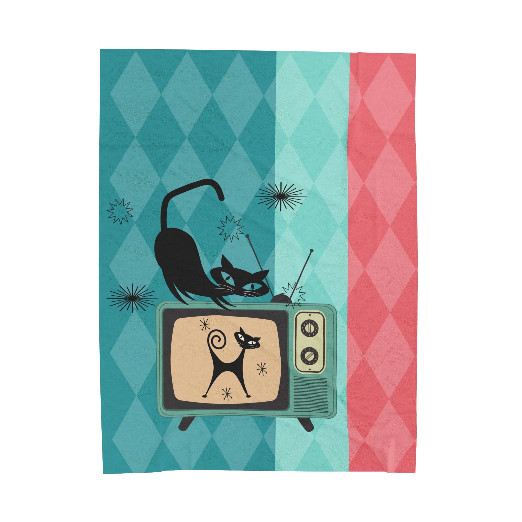 Atomic Cat Kitschy Mod Velveteen Plush Blanket, Pink, Aqua, Harlequin Diamond Pattern - Mid Century Modern Gal