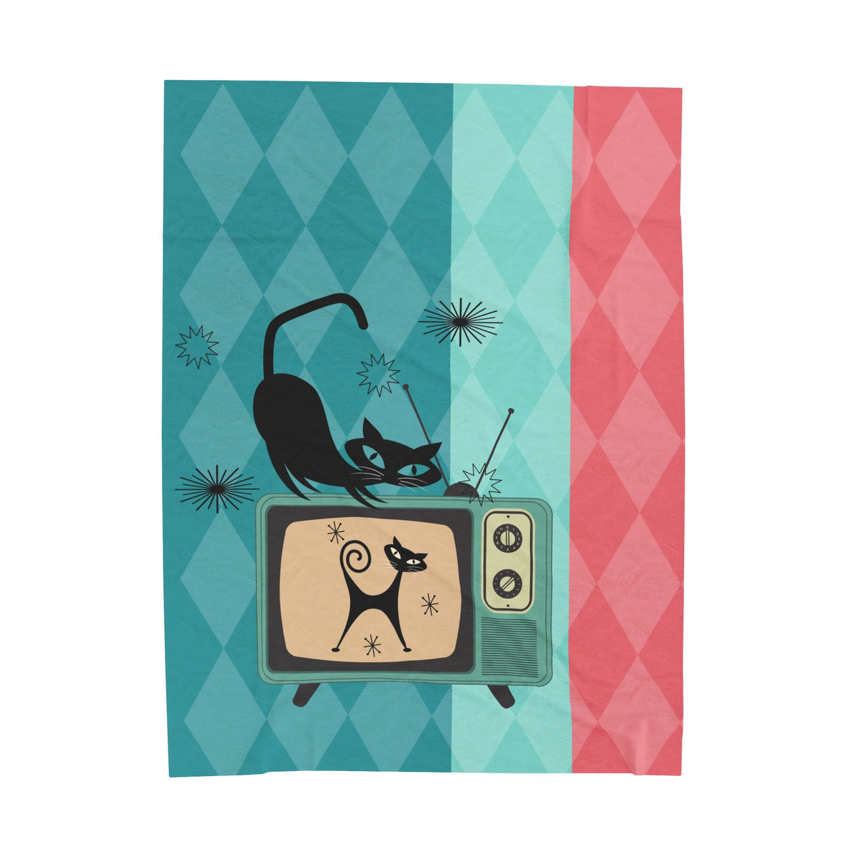 Atomic Cat Kitschy Mod Velveteen Plush Blanket, Pink, Aqua, Harlequin Diamond Pattern - Mid Century Modern Gal