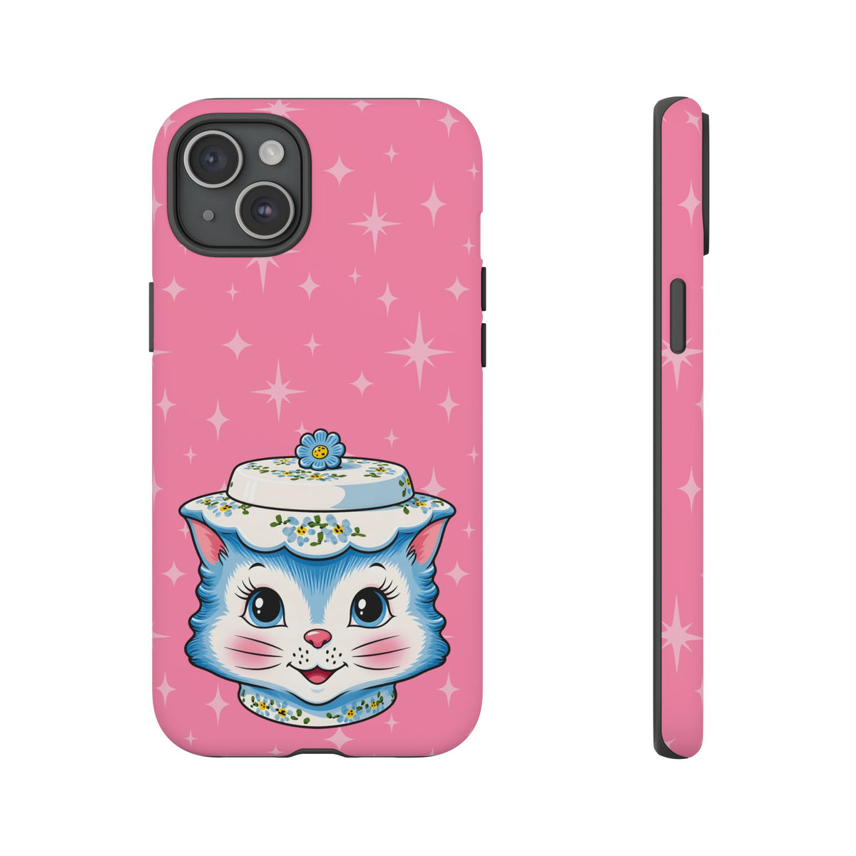 Mid Century Modern Kitschy Anthropomorphic Blue Cat with Floral Hat Tough Phone Case
