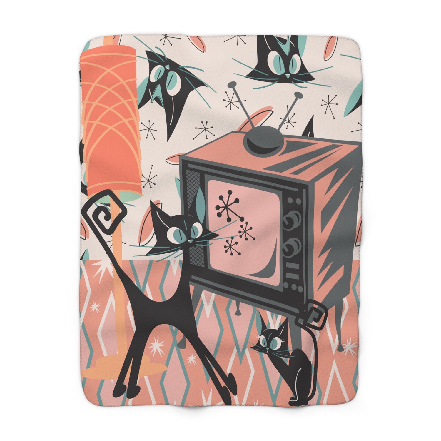 Atomic Cat Blanket, Mid Century Modern Diamond Pattern, Kitschy Cats, Whimsical Quirky  Cozy Cat Lover Blanket - Mid Century Modern Gal