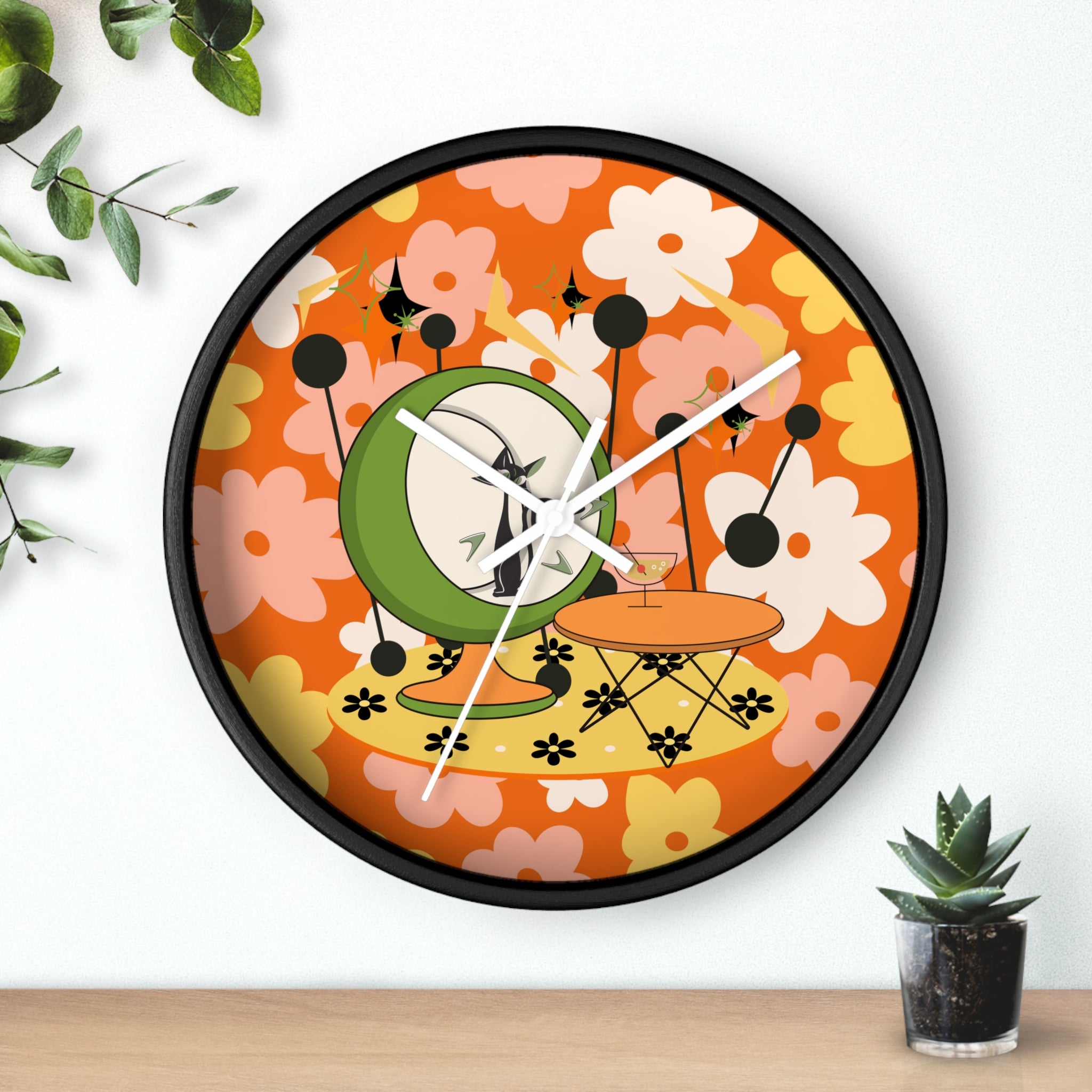 Atomic Cat Mid Century Modern Groovy Retro Floral Cat Wall Clock - Vintage Home Decor - Mid Century Modern Gal