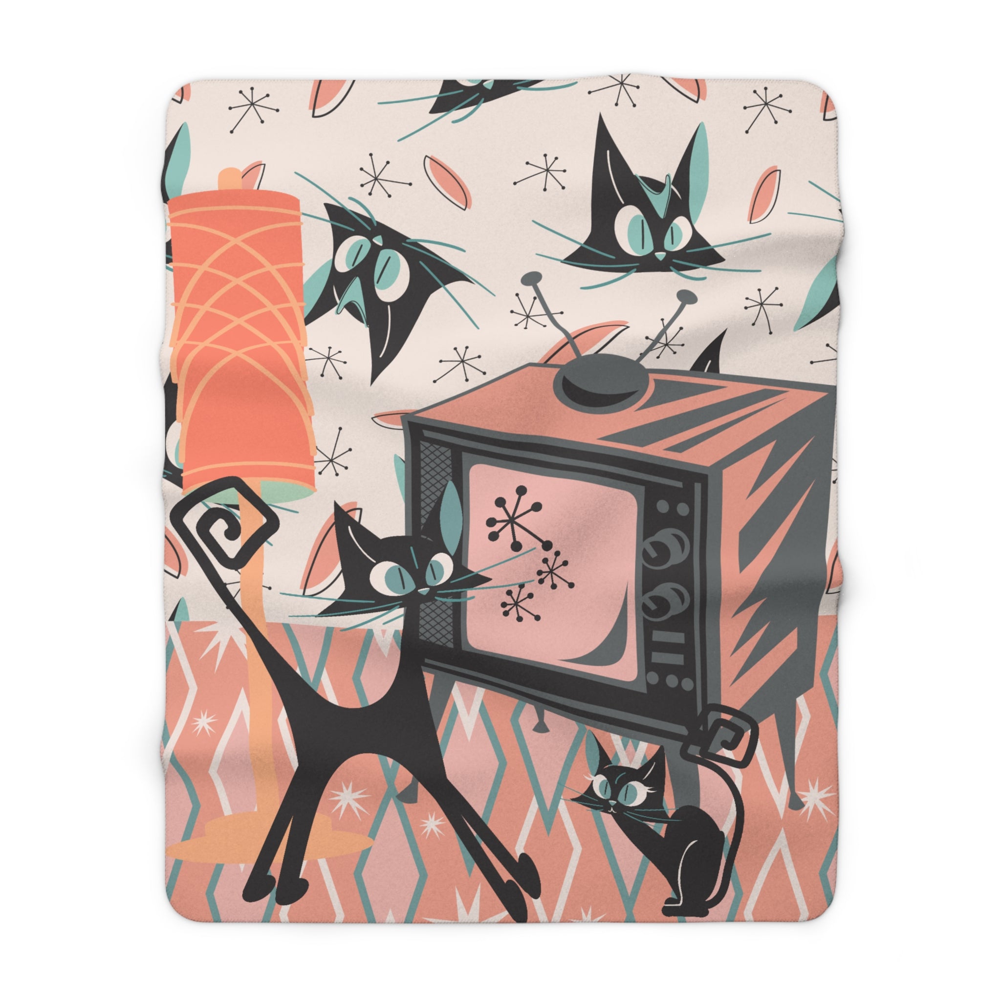 Atomic Cat Blanket, Mid Century Modern Diamond Pattern, Kitschy Cats, Whimsical Quirky Cozy Cat Lover Blanket - Mid Century Modern Gal