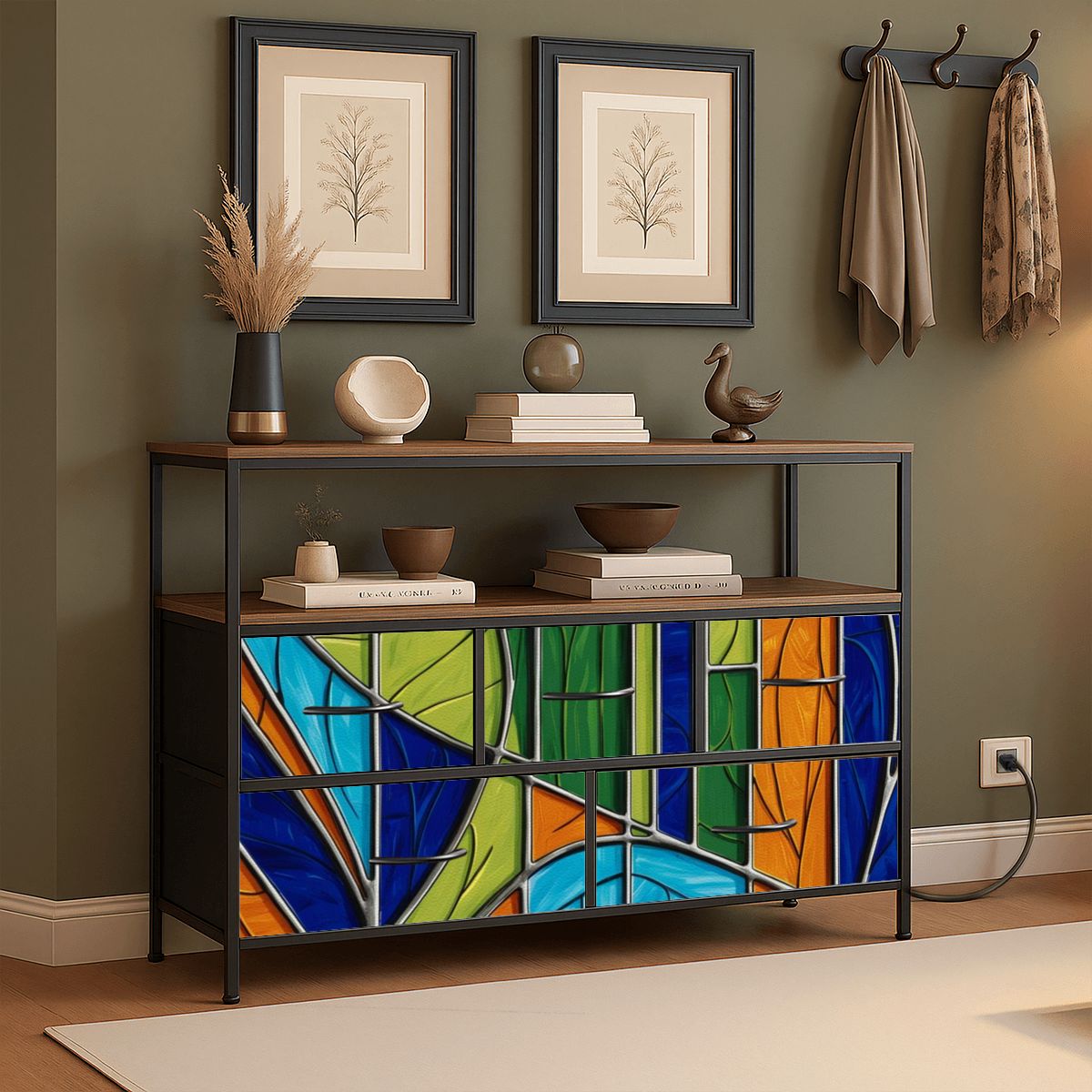 Mid Century Modern Green Blue Orange Purple Faux Stained Glass Designed TV Stand Media Console - Mid Century Modern Gal