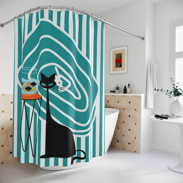 Atomic Cat Mid Century Modern Fish Art Modern Cat Shower Curtain – Vintage Aqua Stripes & Whimsical Design