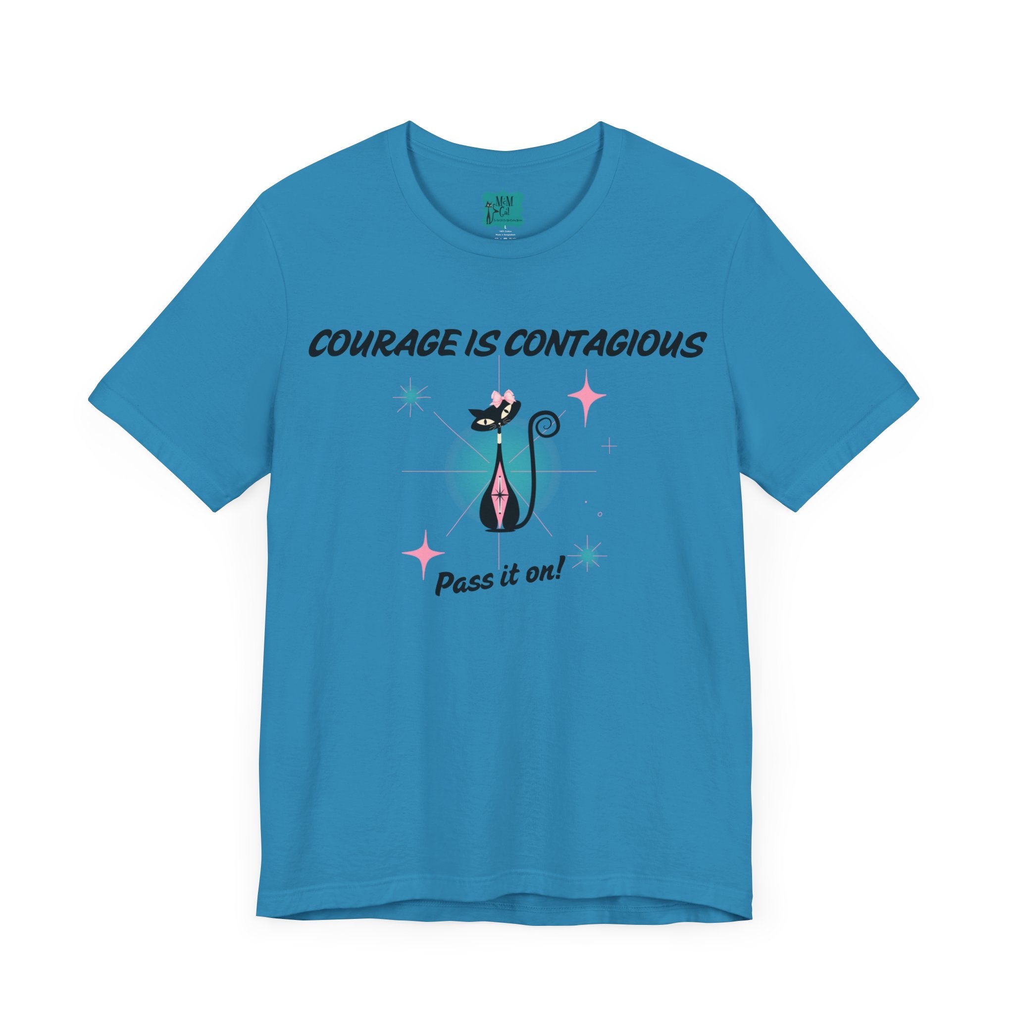 Breast Cancer Shirt, Courage Is Contagious Breast Cancer Support, Warrior, Survivor, Chemo Day Atomic Cat Pretty Short Sleeve Tee - Mid Century Modern Gal