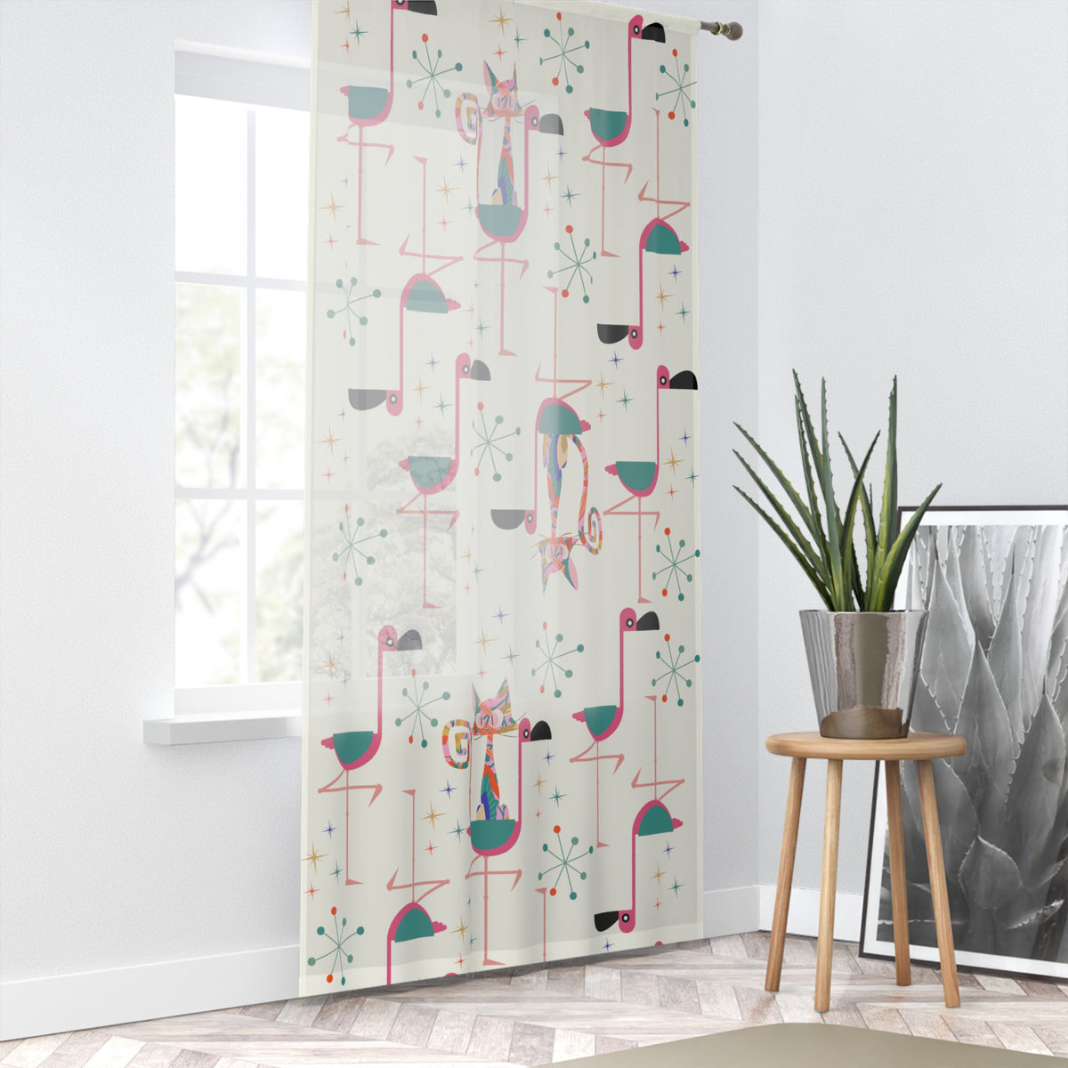 Flamingo Curtains, Palm Springs Cali Style, Quirky Kitschy Atomic Cat, Retro Sheer Window Curtain - Mid Century Modern Gal
