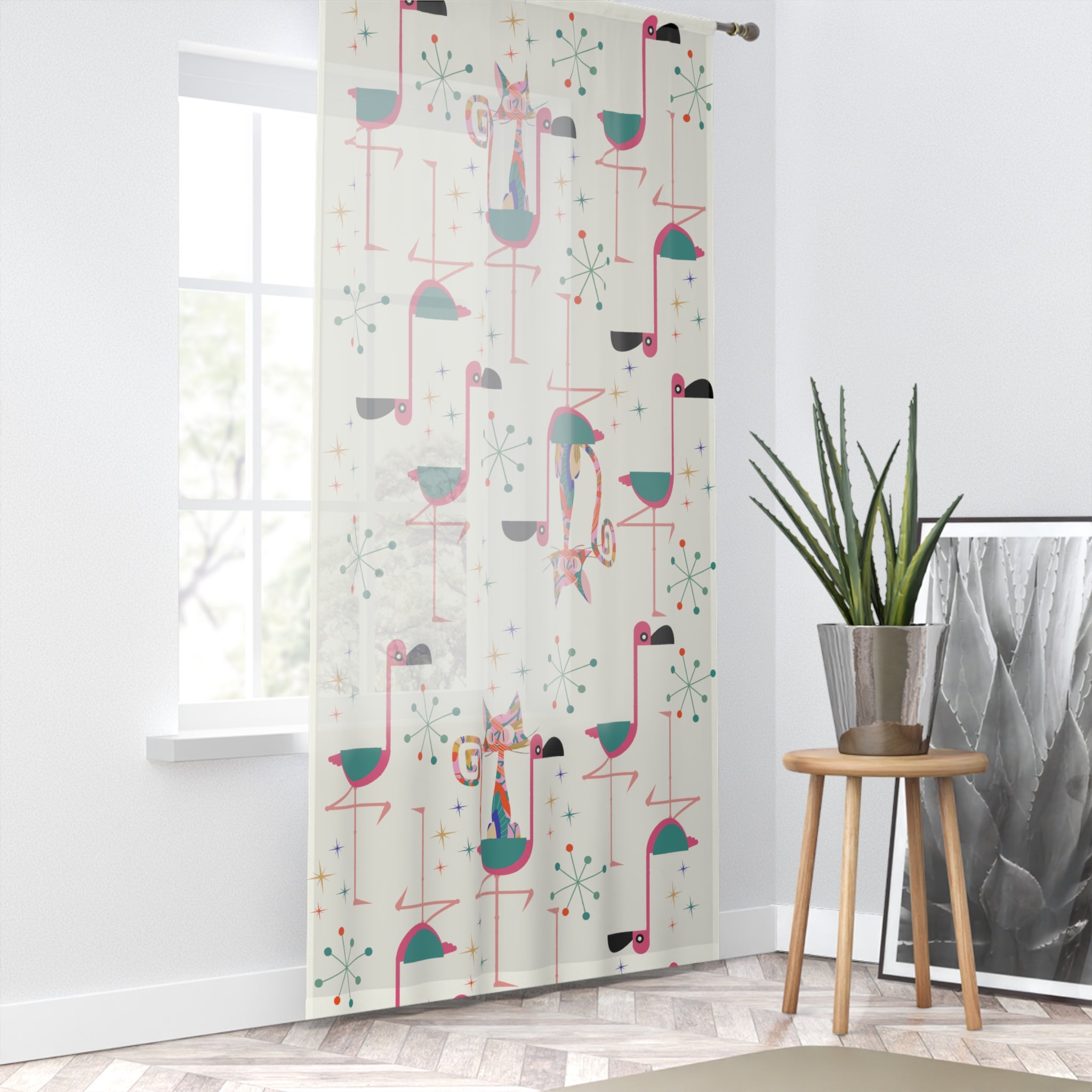 Flamingo Curtains, Palm Springs Cali Style, Quirky Kitschy Atomic Cat, Retro Sheer Window Curtain - Mid Century Modern Gal