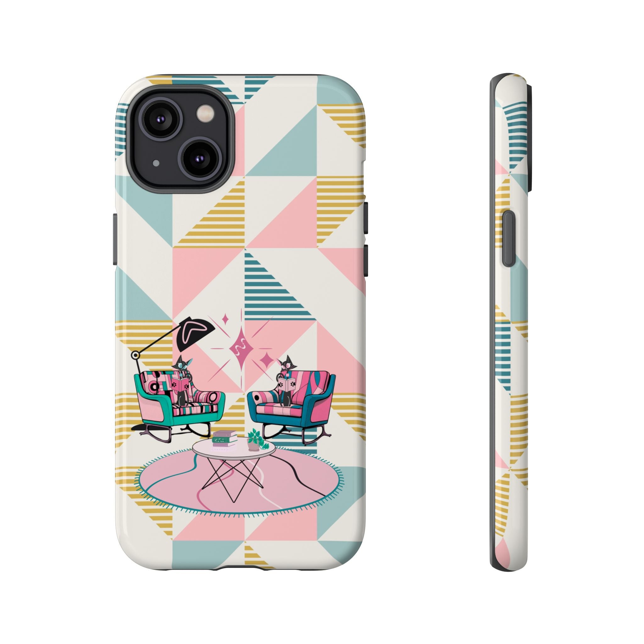 Atomic Cats Reading, Book Talk, Book Lover, Retro Chic Phone Case with Retro Vibe - Cozy Living Room Design - Mid Century Modern Gal