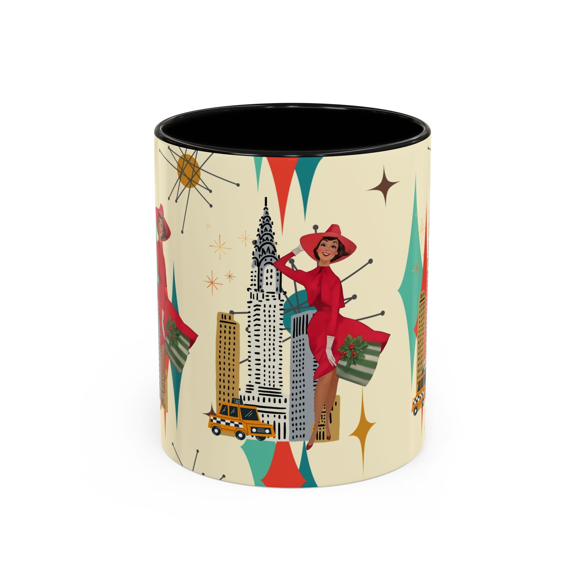 Mid Century Modern Kitschy Christmas Gal, Franciscan Starburst Diamond Retro Chic Accent Coffee Mug - Vintage Cityscape Design - Mid Century Modern Gal