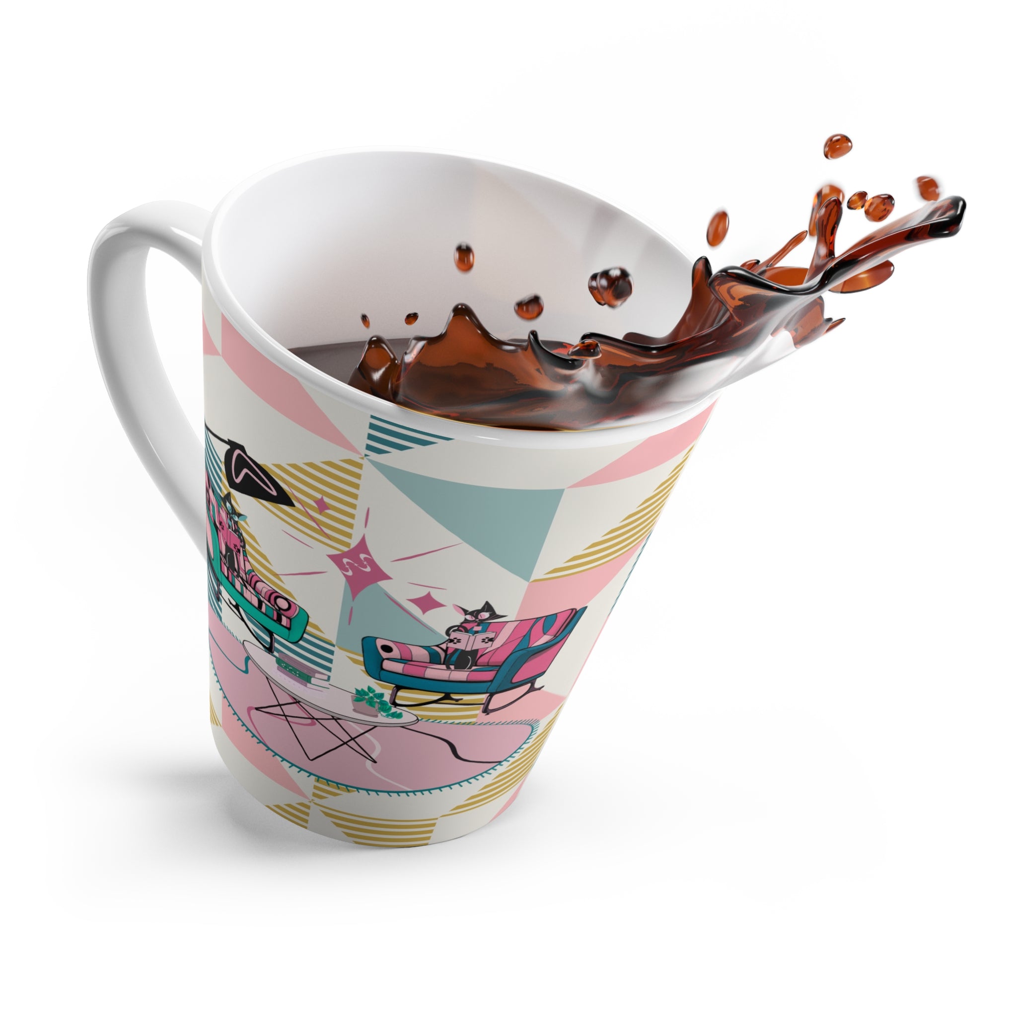 Mid-Century Modern Atomic Cats Reading, Book Club, Book Lover, Retro Latte Mug with Cozy Living Room Design - Mid Century Modern Gal