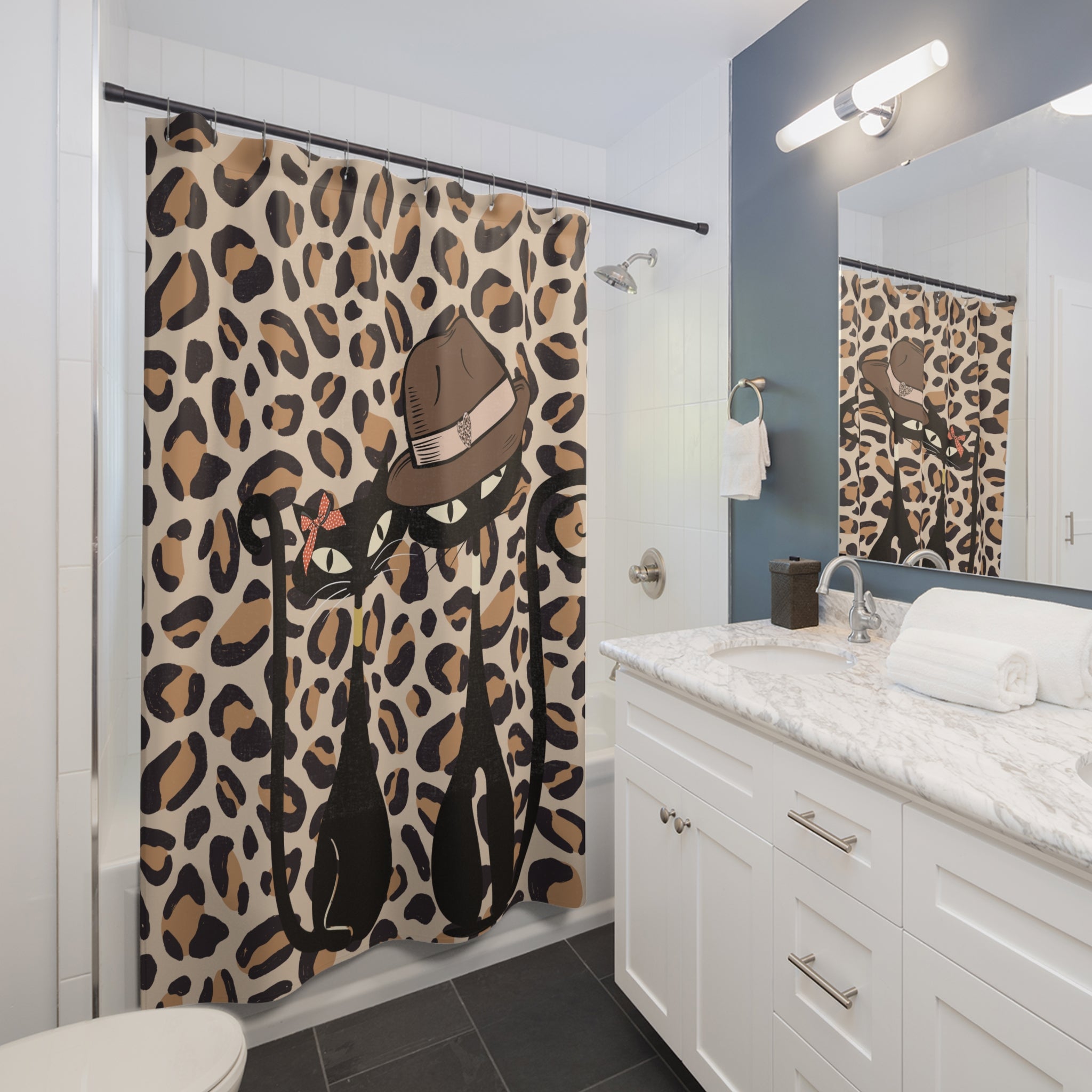 Atomic Cat Mid Century Modern Leopard Print, Mod Couple, Kitschy 50s Shower Curtain - Mid Century Modern Gal