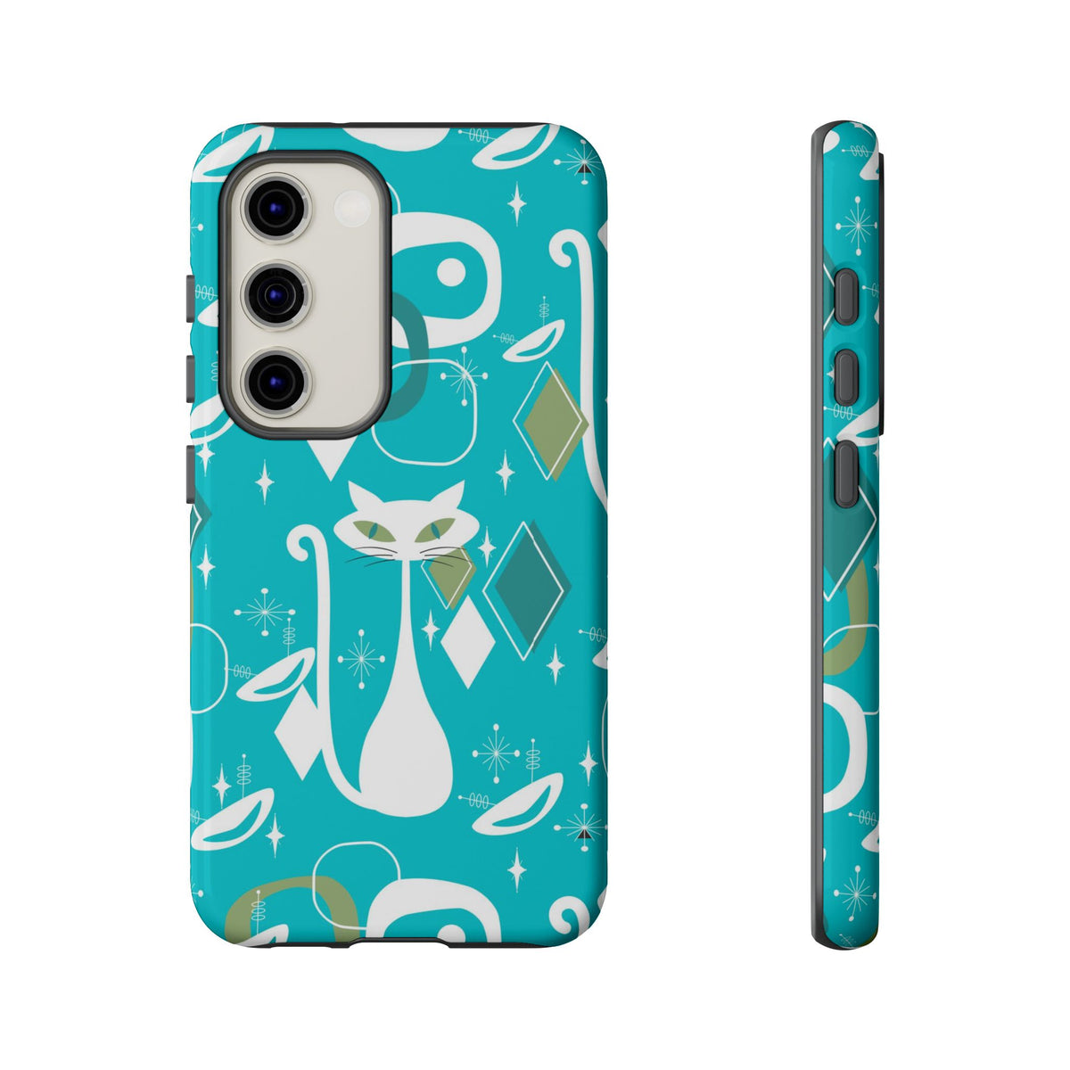 Atomic Cat Space Designs, Mid Century Modern, Aqua, White Kitschy Cat Tough Phone Case
