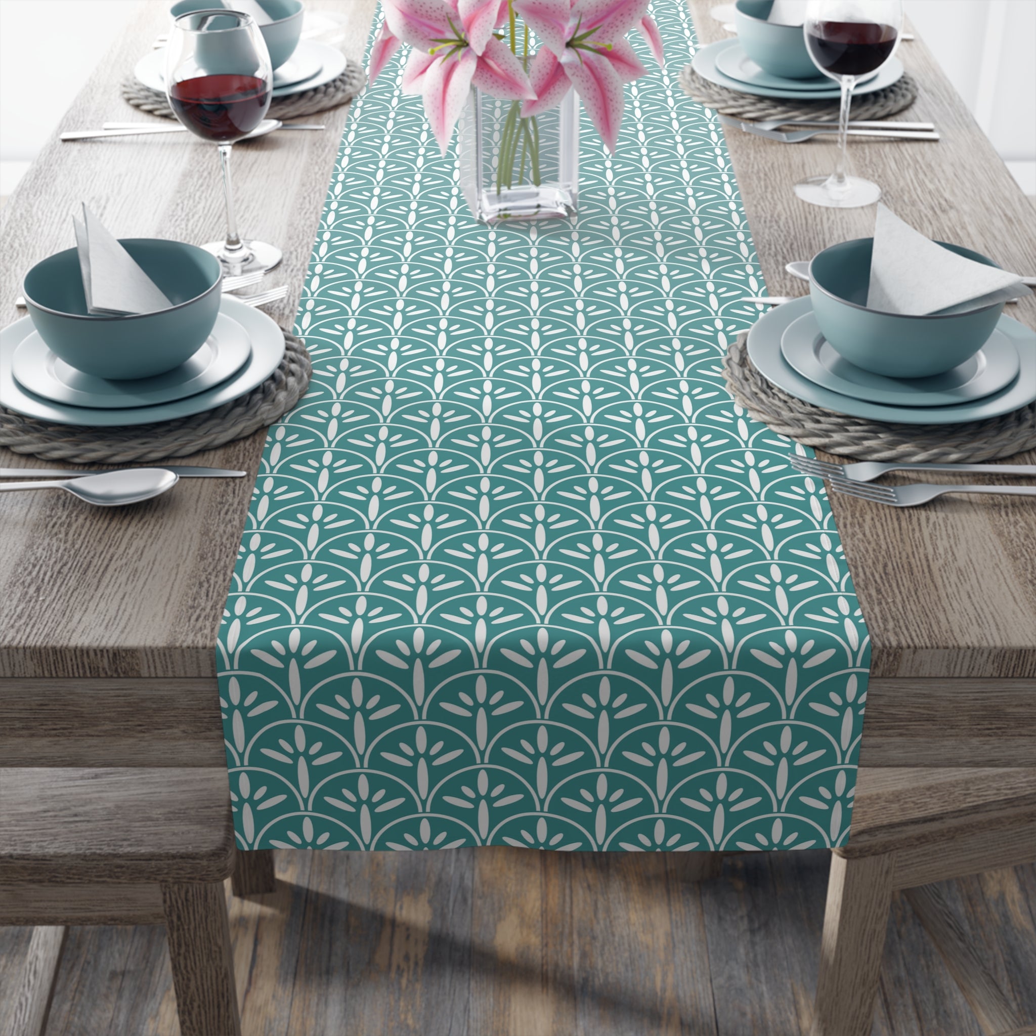 Art Deco Aqua Blue Floral Modern Runner - Mid Century Modern Gal
