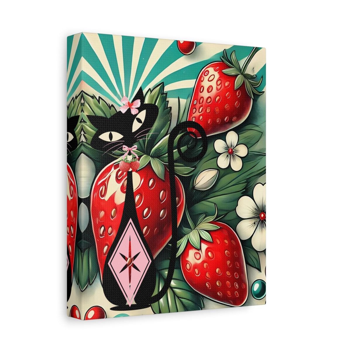Retro Atomic Cat and Strawberry Wall Art Canvas - Vibrant Home Decor - Mid Century Modern Gal